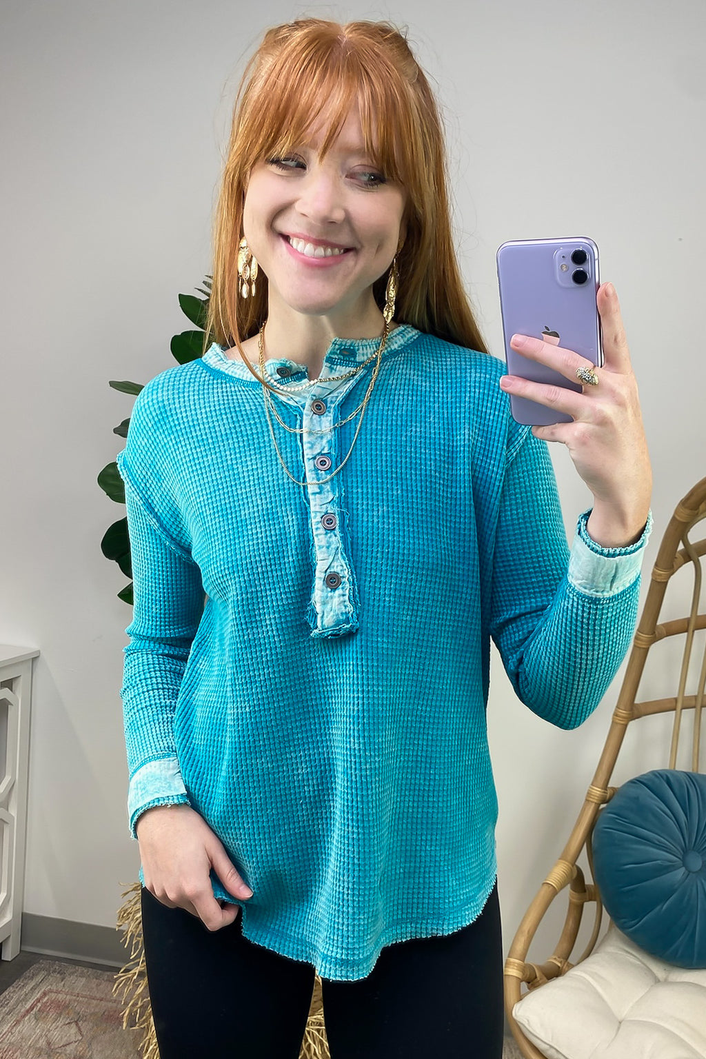  Tova Mineral Wash Waffle Knit Henley Top - FINAL SALE - Madison and Mallory