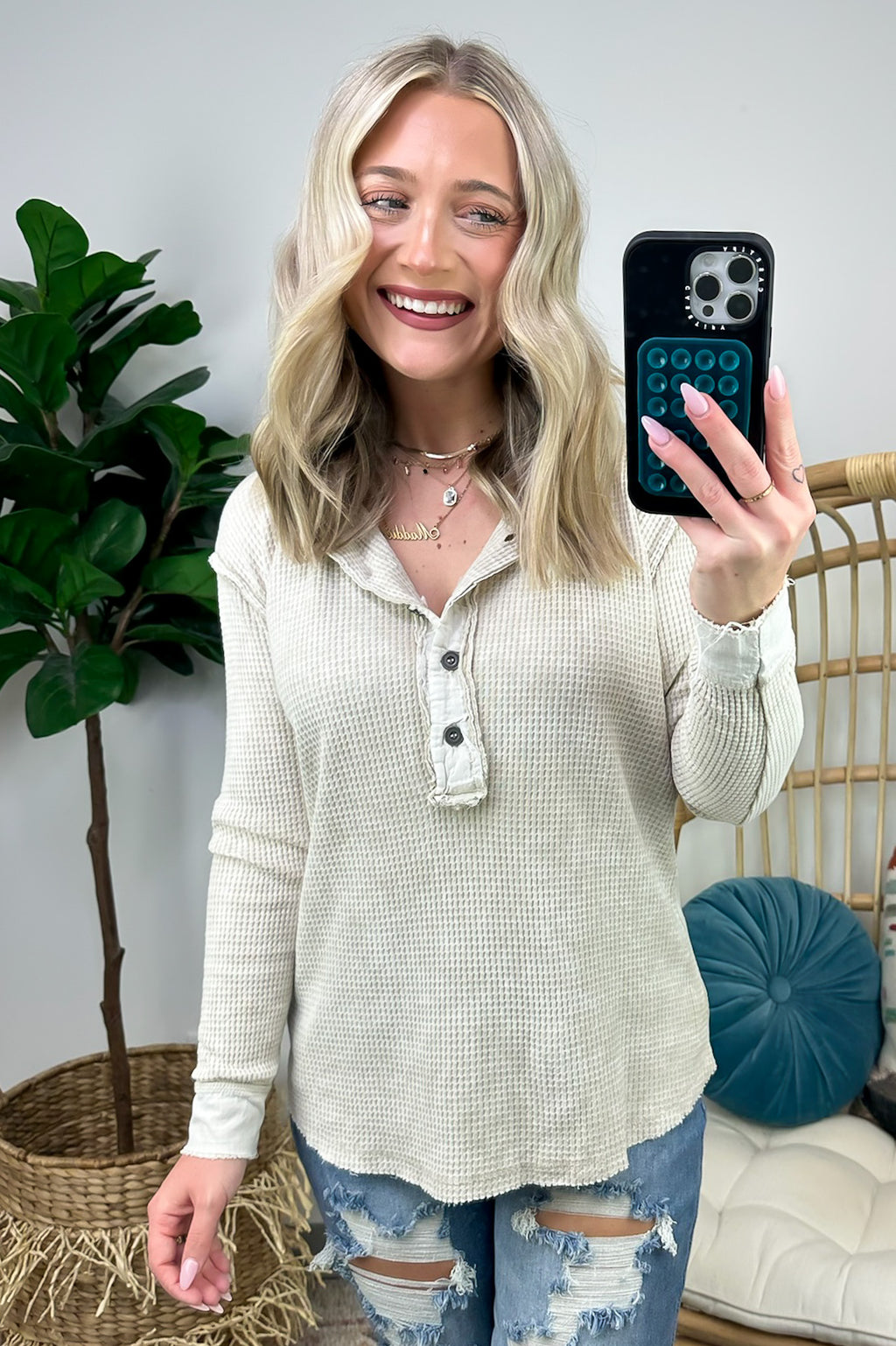 Sand Beige / S Tova Mineral Wash Waffle Knit Henley Top - FINAL SALE - Madison and Mallory