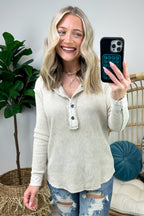 Sand Beige / S Tova Mineral Wash Waffle Knit Henley Top - FINAL SALE - Madison and Mallory