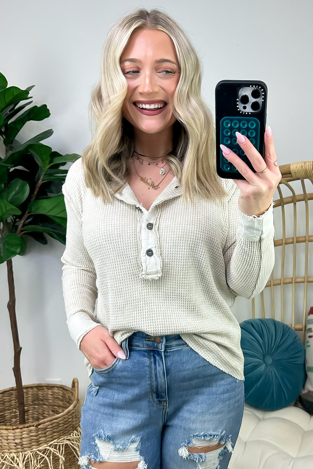  Tova Mineral Wash Waffle Knit Henley Top - FINAL SALE - Madison and Mallory