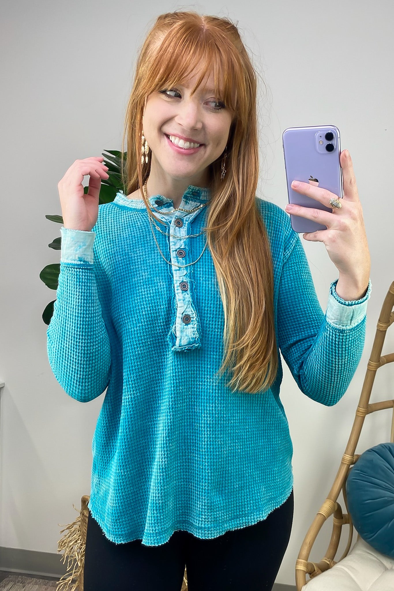 Light Teal / S Tova Mineral Wash Waffle Knit Henley Top - Madison and Mallory