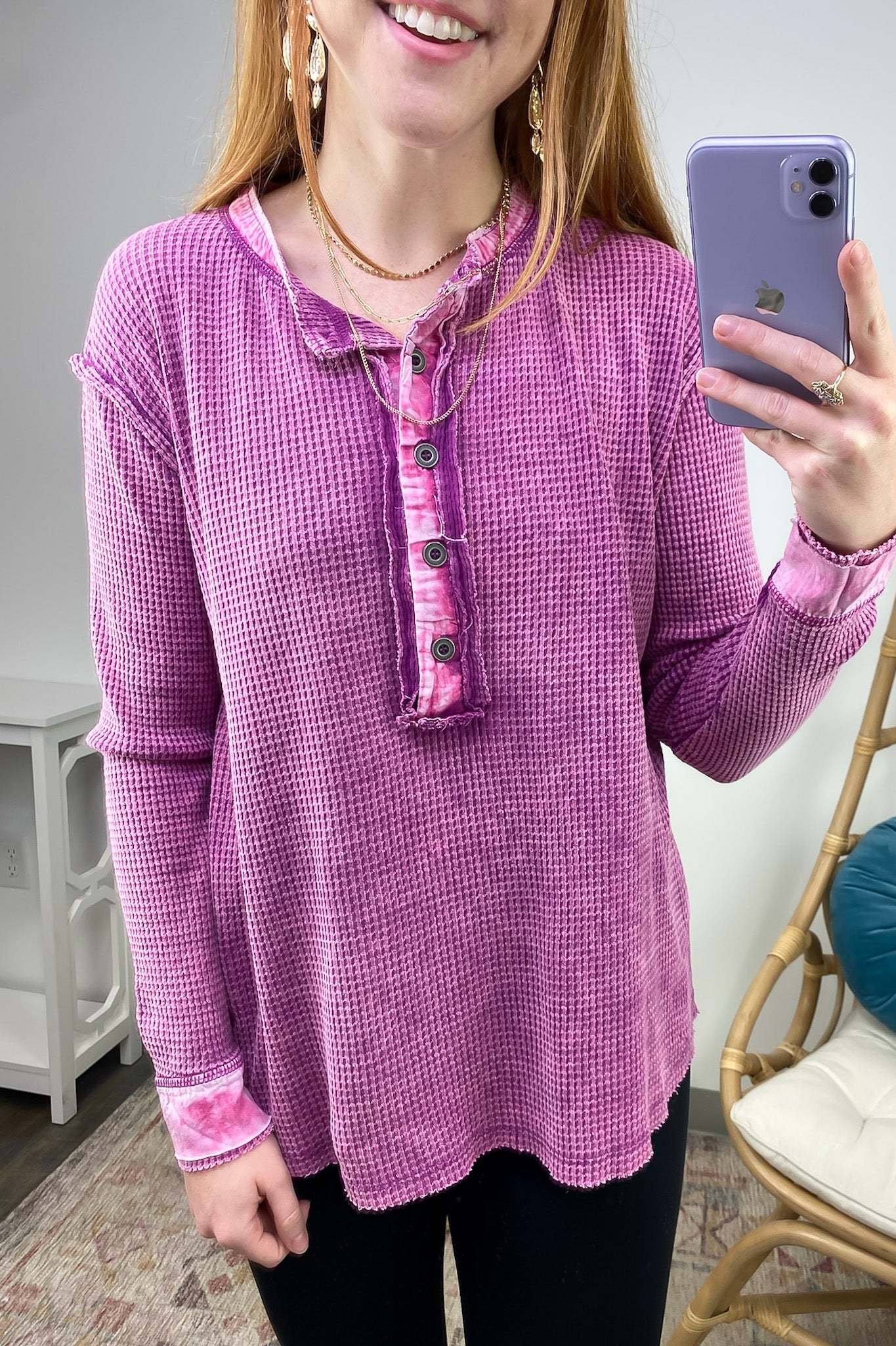  Tova Mineral Wash Waffle Knit Henley Top - FINAL SALE - Madison and Mallory