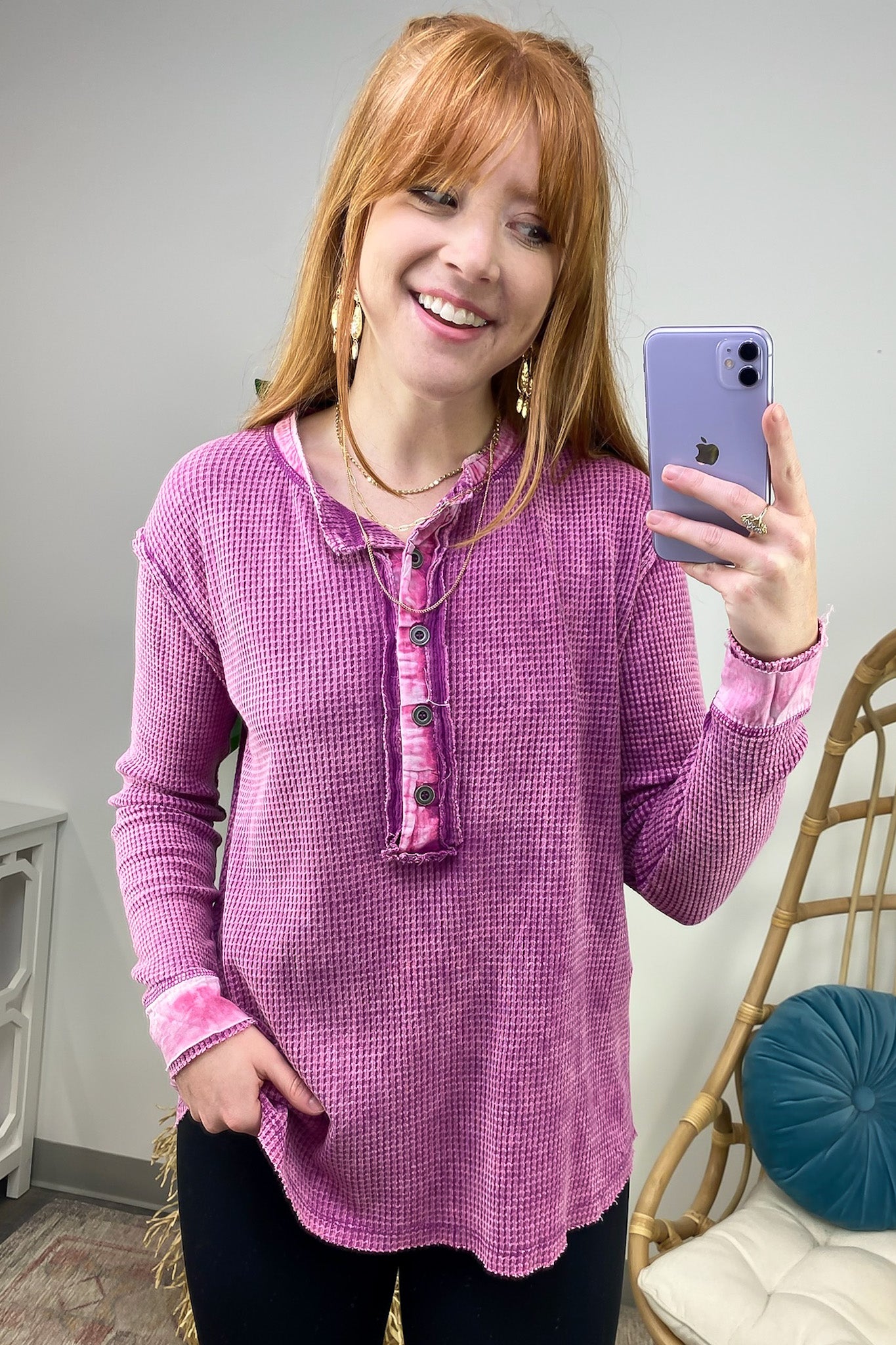 Light Plum / S Tova Mineral Wash Waffle Knit Henley Top - FINAL SALE - Madison and Mallory