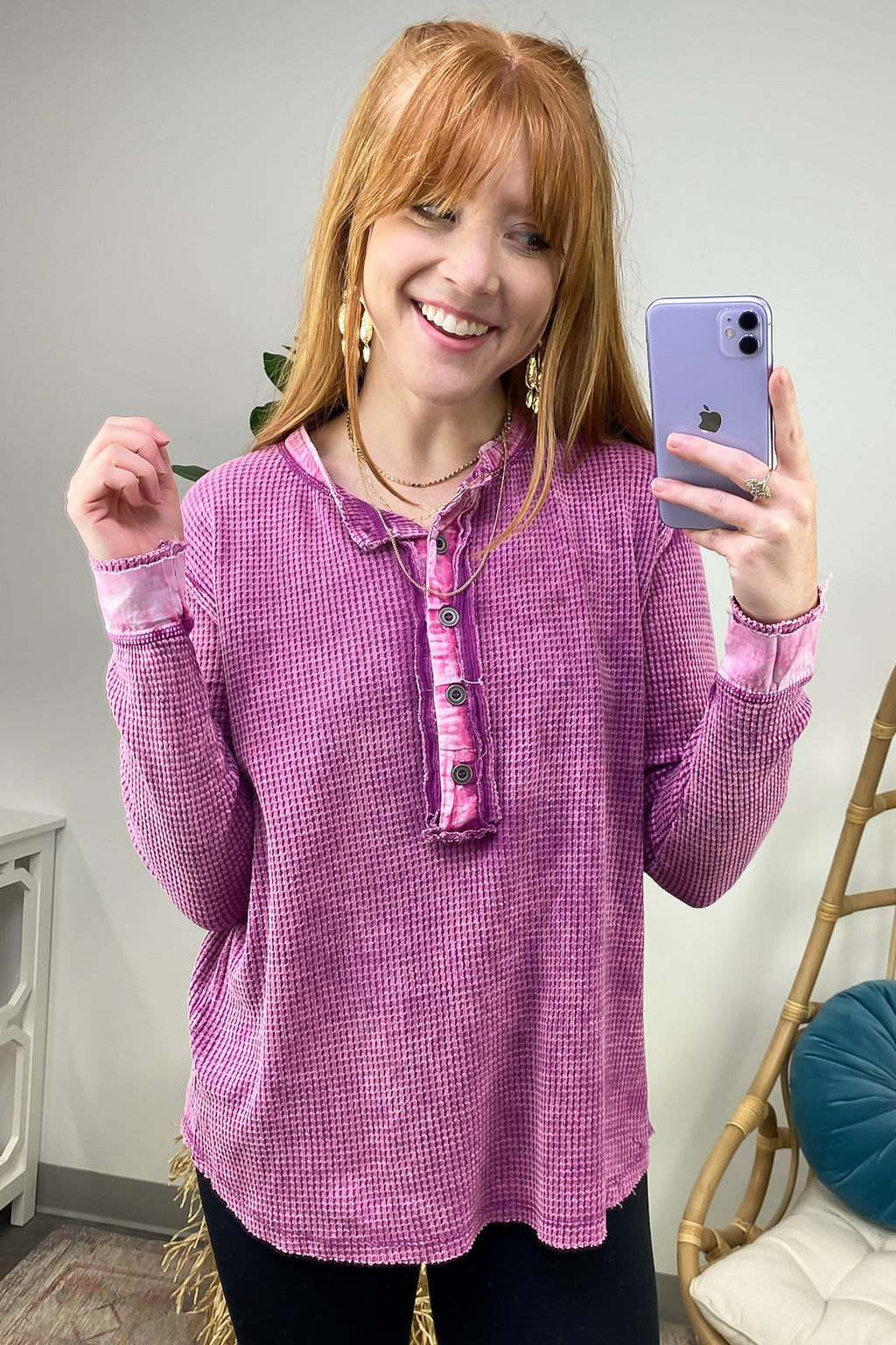  Tova Mineral Wash Waffle Knit Henley Top - FINAL SALE - Madison and Mallory