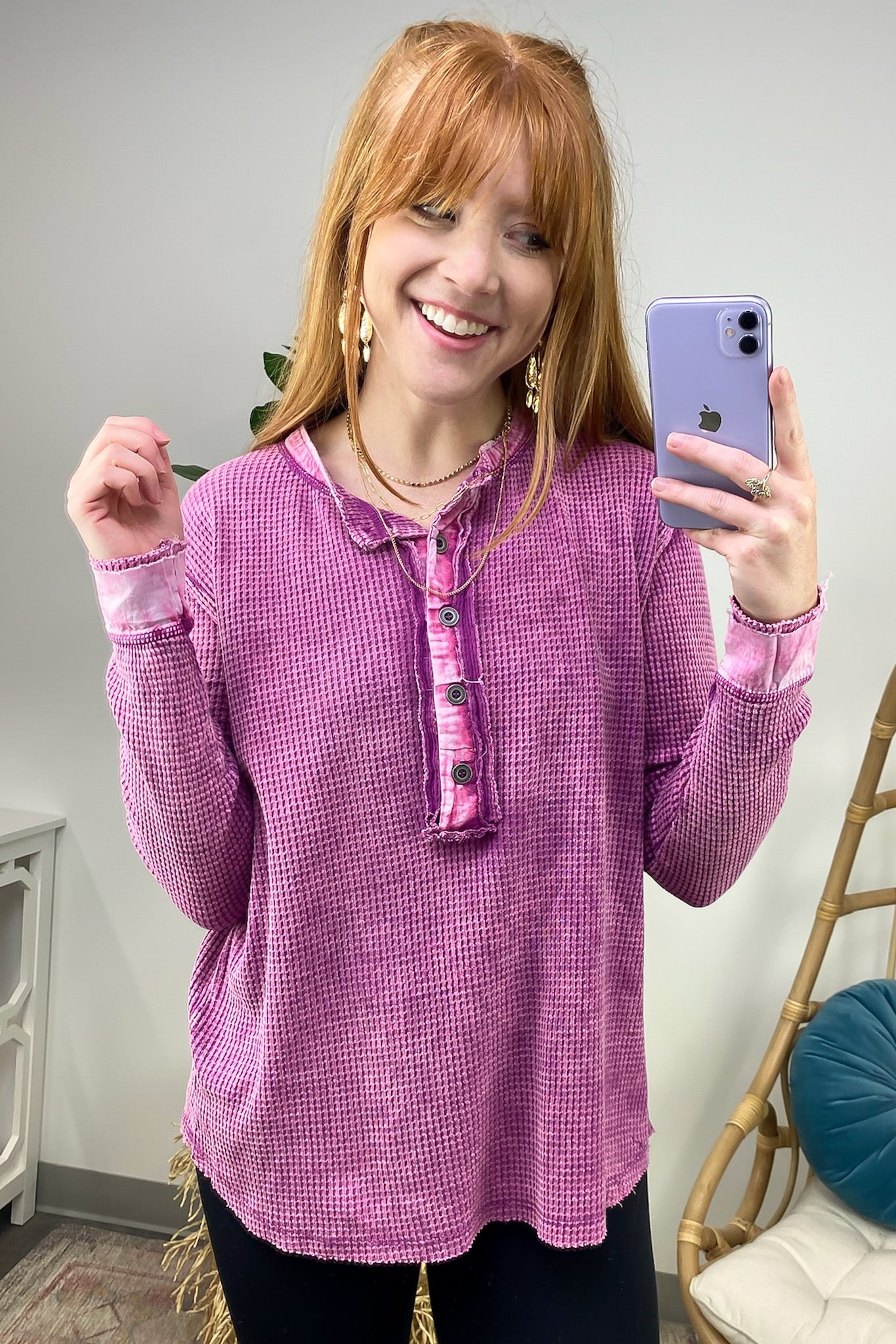  Tova Mineral Wash Waffle Knit Henley Top - FINAL SALE - Madison and Mallory