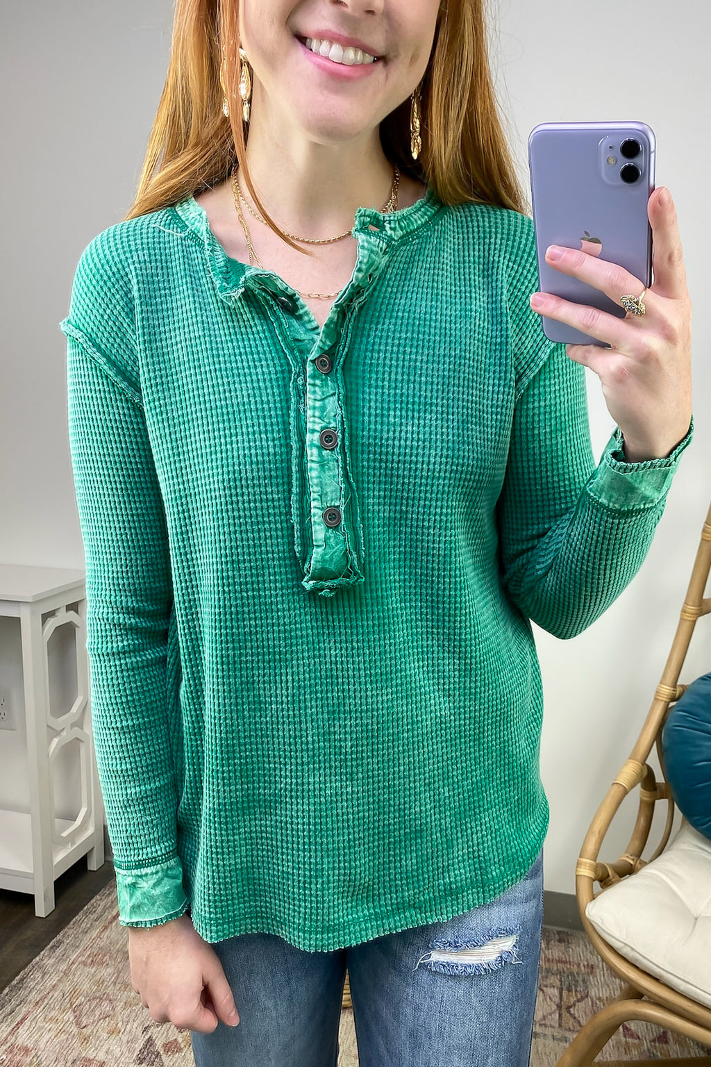  Tova Mineral Wash Waffle Knit Henley Top - FINAL SALE - Madison and Mallory