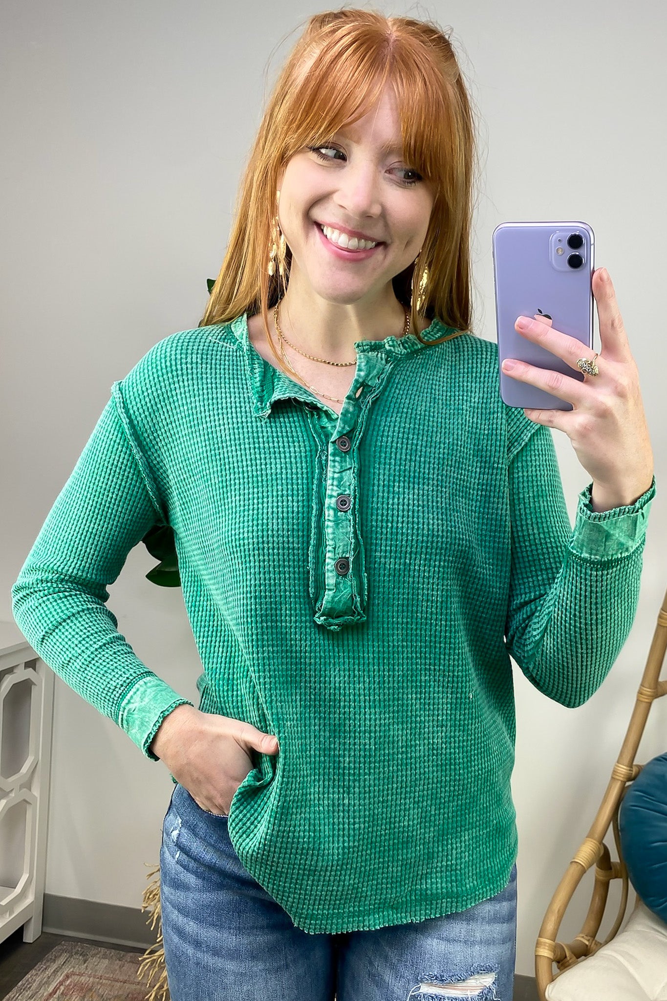  Tova Mineral Wash Waffle Knit Henley Top - FINAL SALE - Madison and Mallory