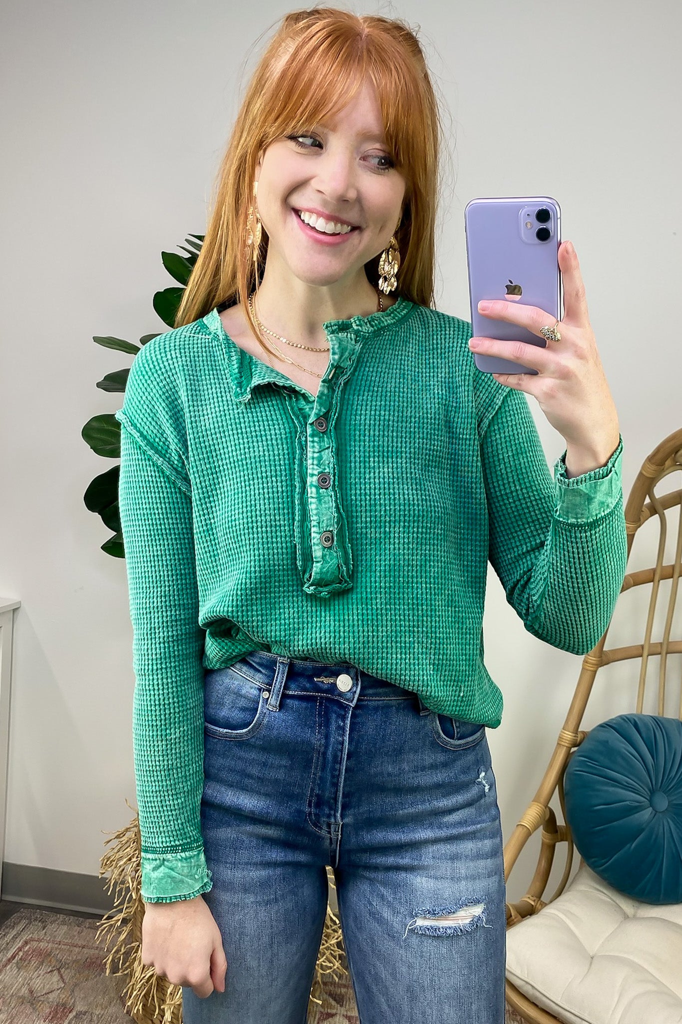 Forest / S Tova Mineral Wash Waffle Knit Henley Top - FINAL SALE - Madison and Mallory