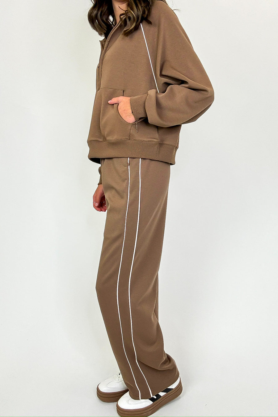 S / Mocha Trackline Wide Leg Knit Comfy Casual Sweat Pants - Madison and Mallory