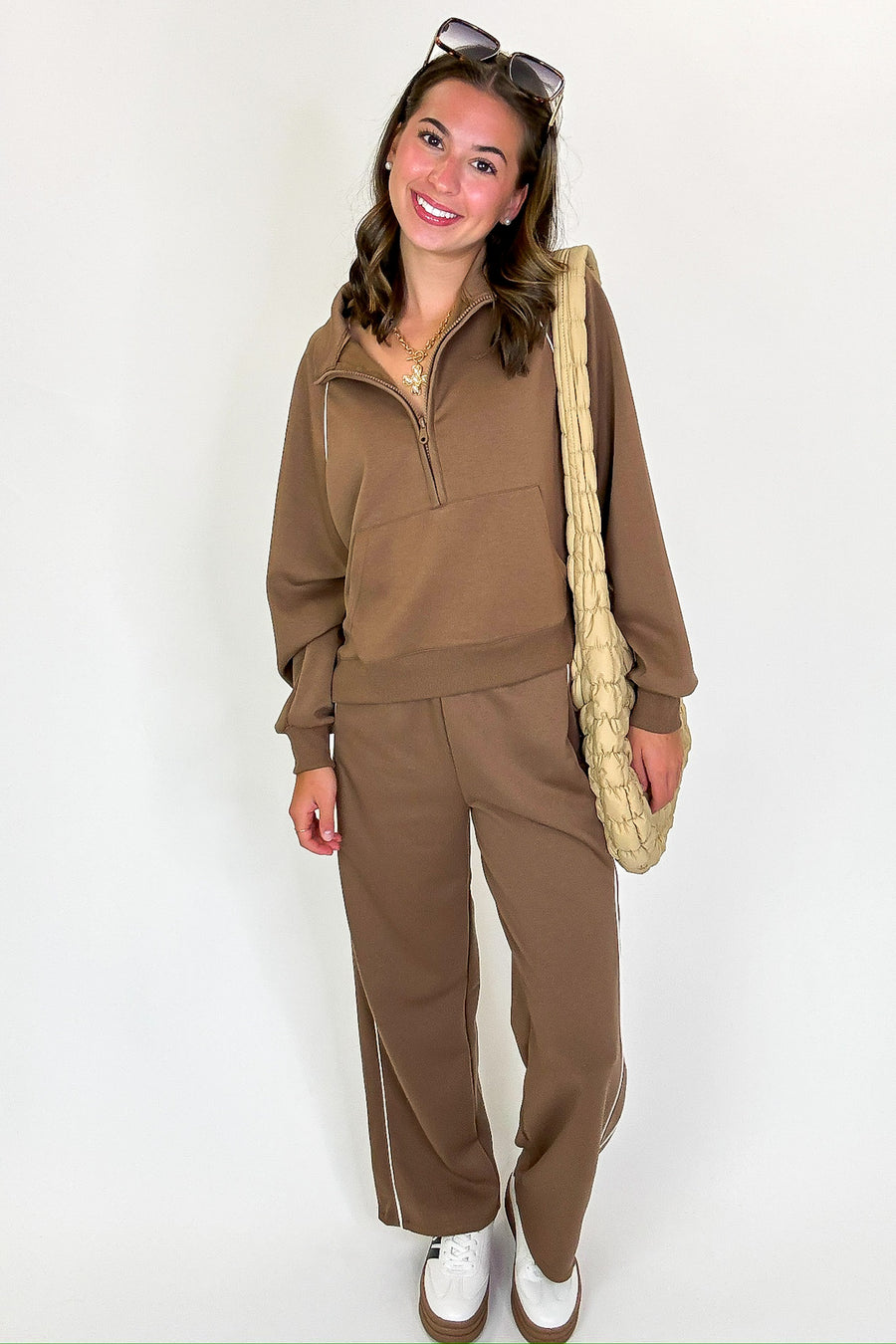 Trackline Half Zip Up Piping Detail Knit Top - Madison and Mallory