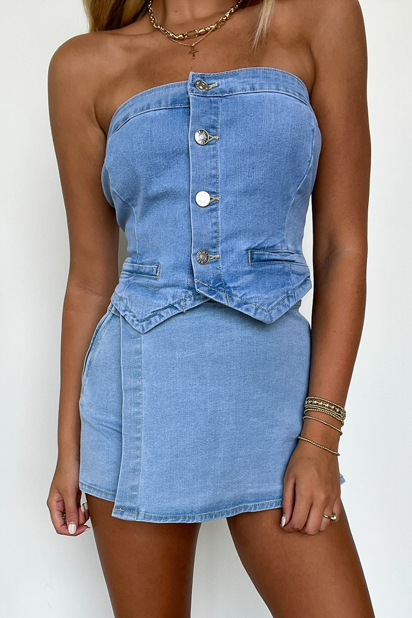  Trendsetting Gal Denim Strapless Button Up Top - FINAL SALE - Madison and Mallory