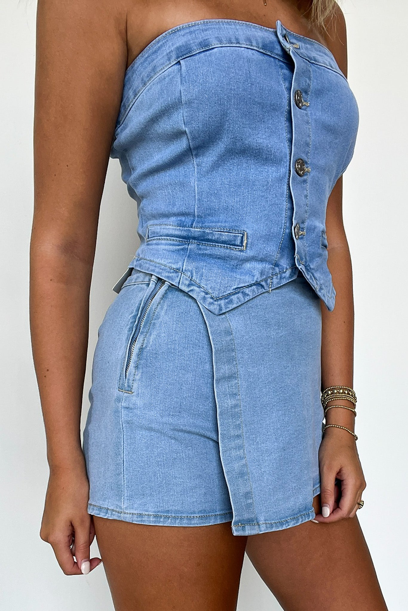  Trendsetting Gal Denim Strapless Button Up Top - FINAL SALE - Madison and Mallory