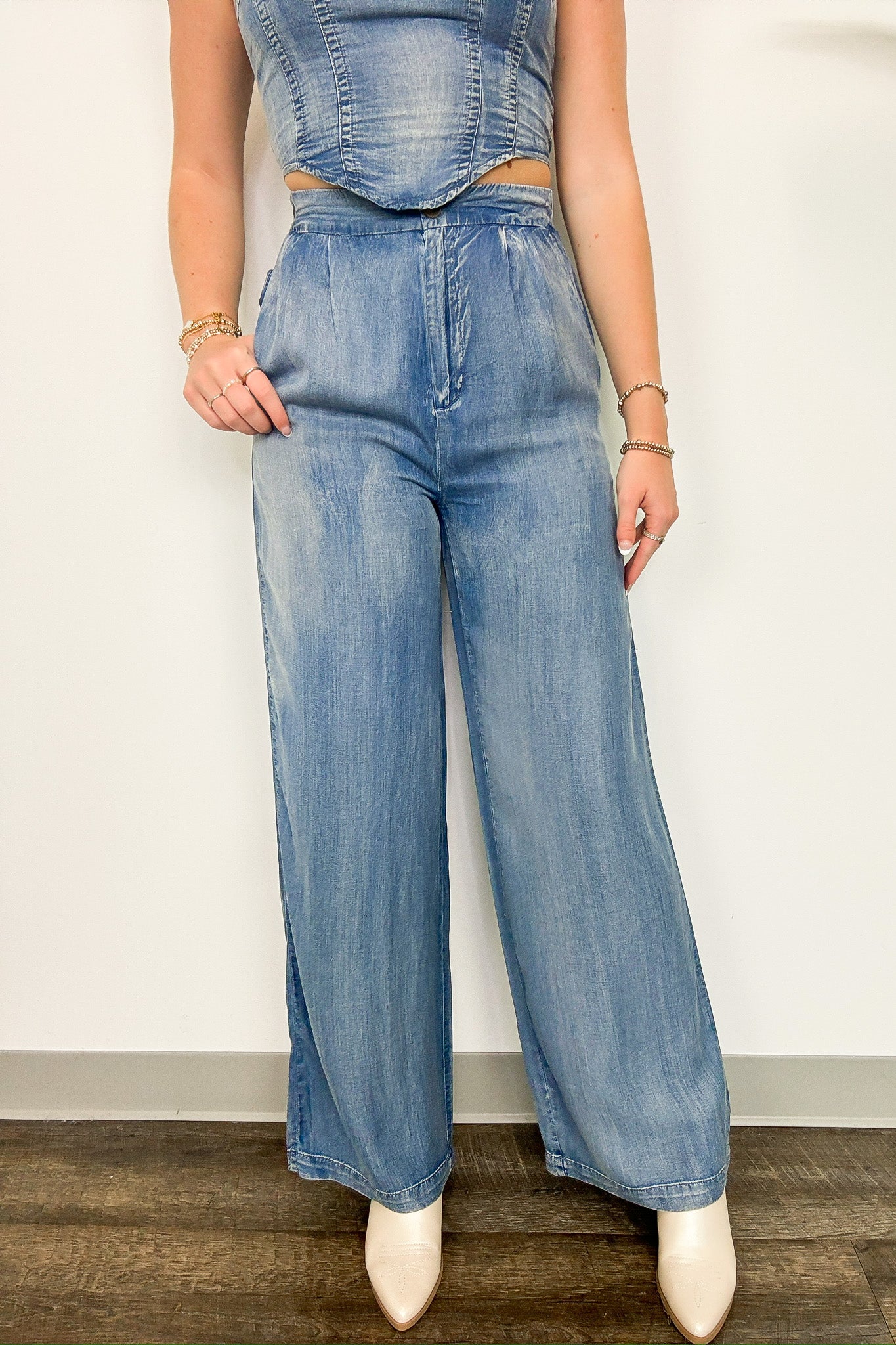  Trendy Bliss Pleated High Waist Chambray Pants - FINAL SALE - Madison and Mallory