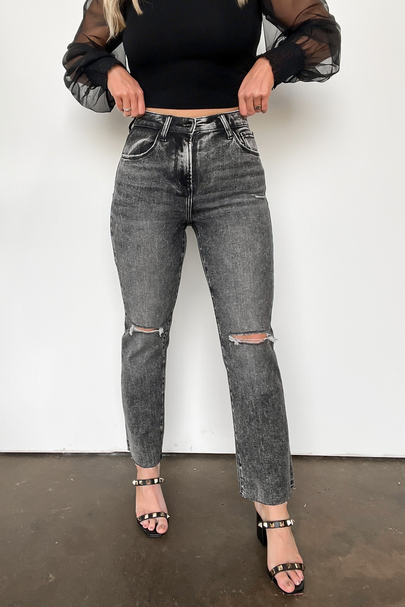Acid Black / 1 Trisda High Rise Ankle Straight Distressed Jeans - Madison and Mallory