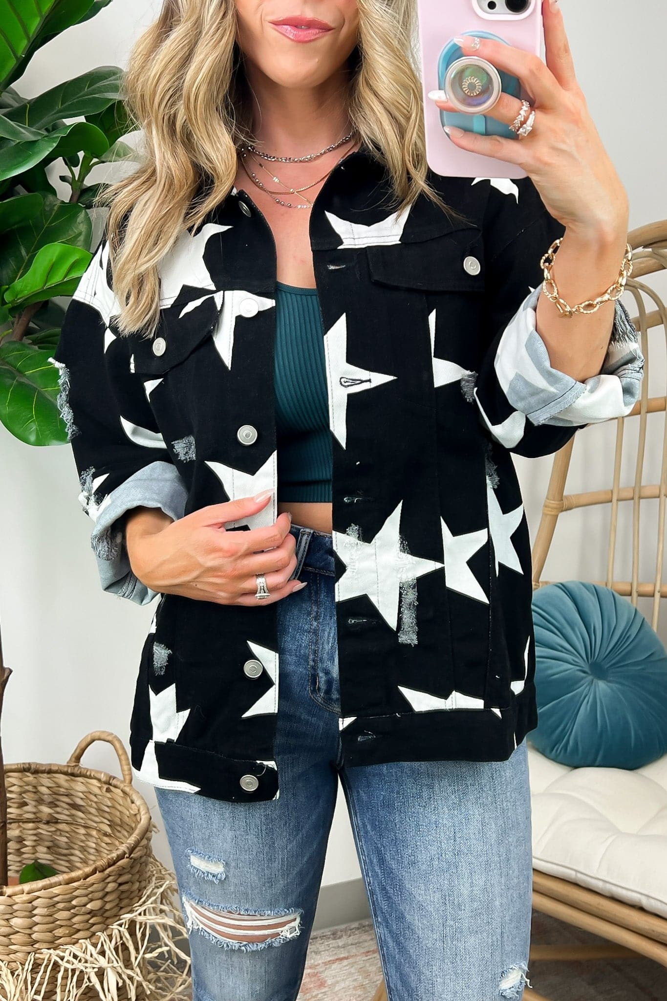  Twinkle Twinkle Star Print Distressed Denim Jacket - FINAL SALE - Madison and Mallory