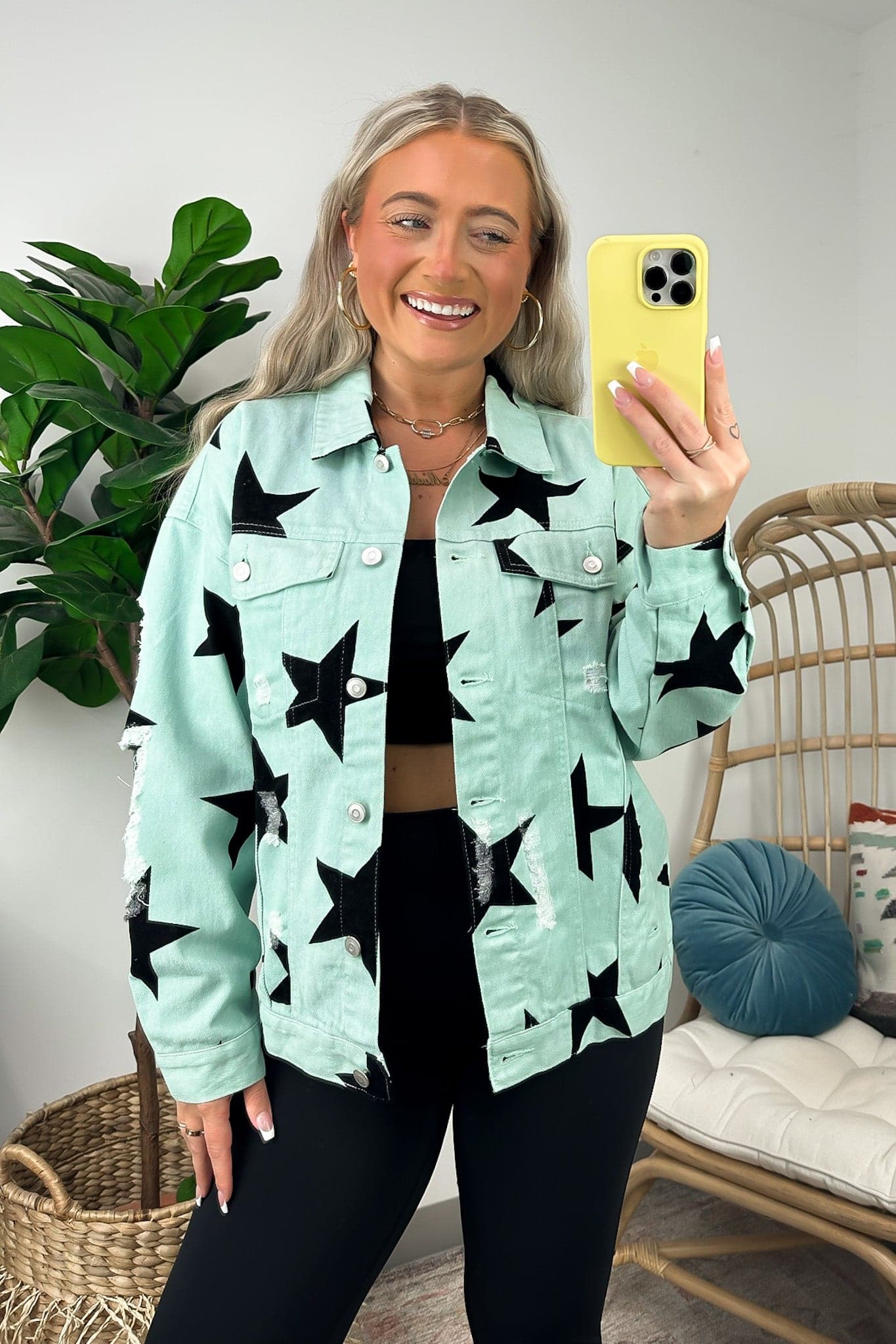  Twinkle Twinkle Star Print Distressed Denim Jacket - Madison and Mallory
