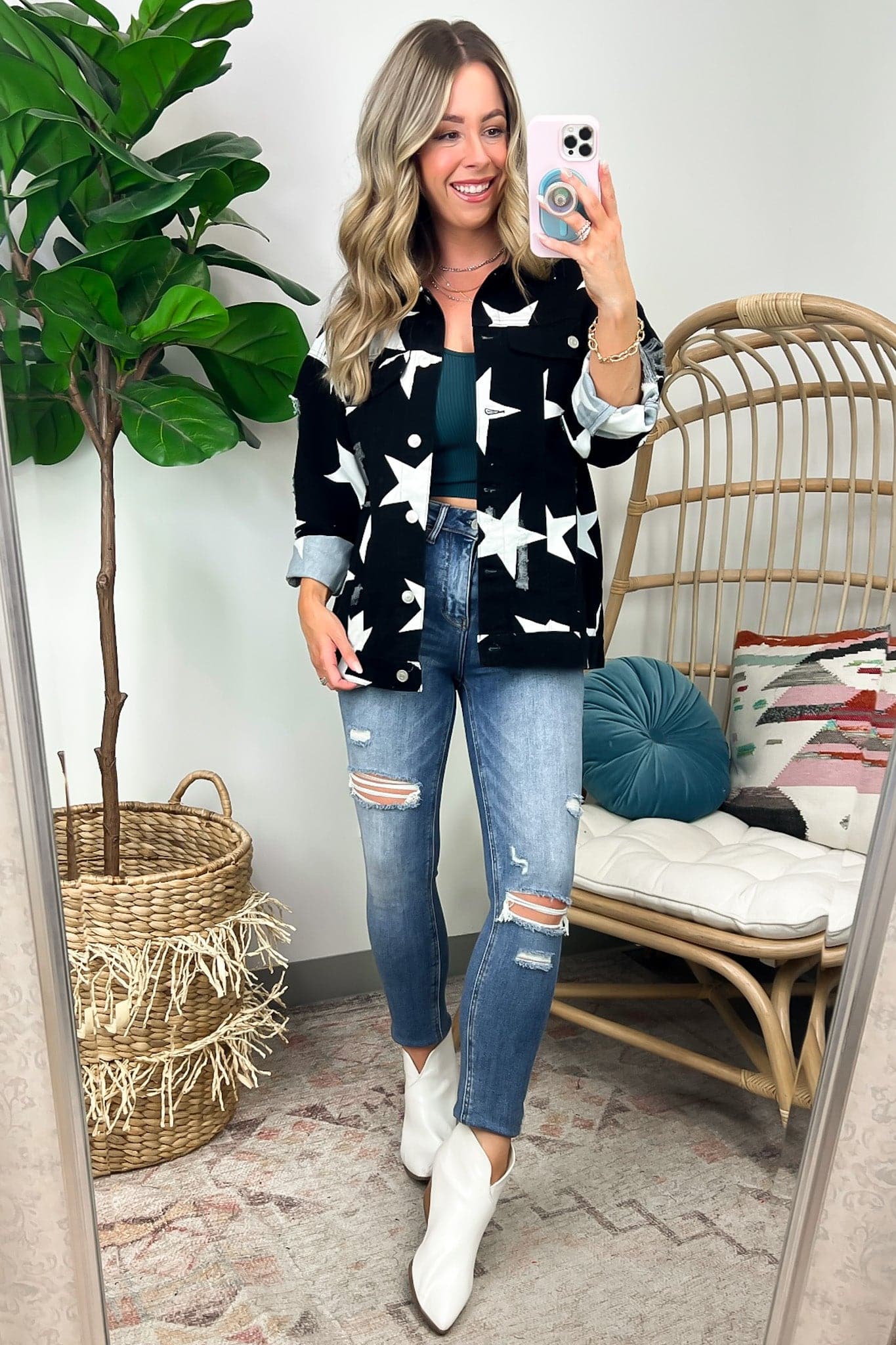  Twinkle Twinkle Star Print Distressed Denim Jacket - FINAL SALE - Madison and Mallory