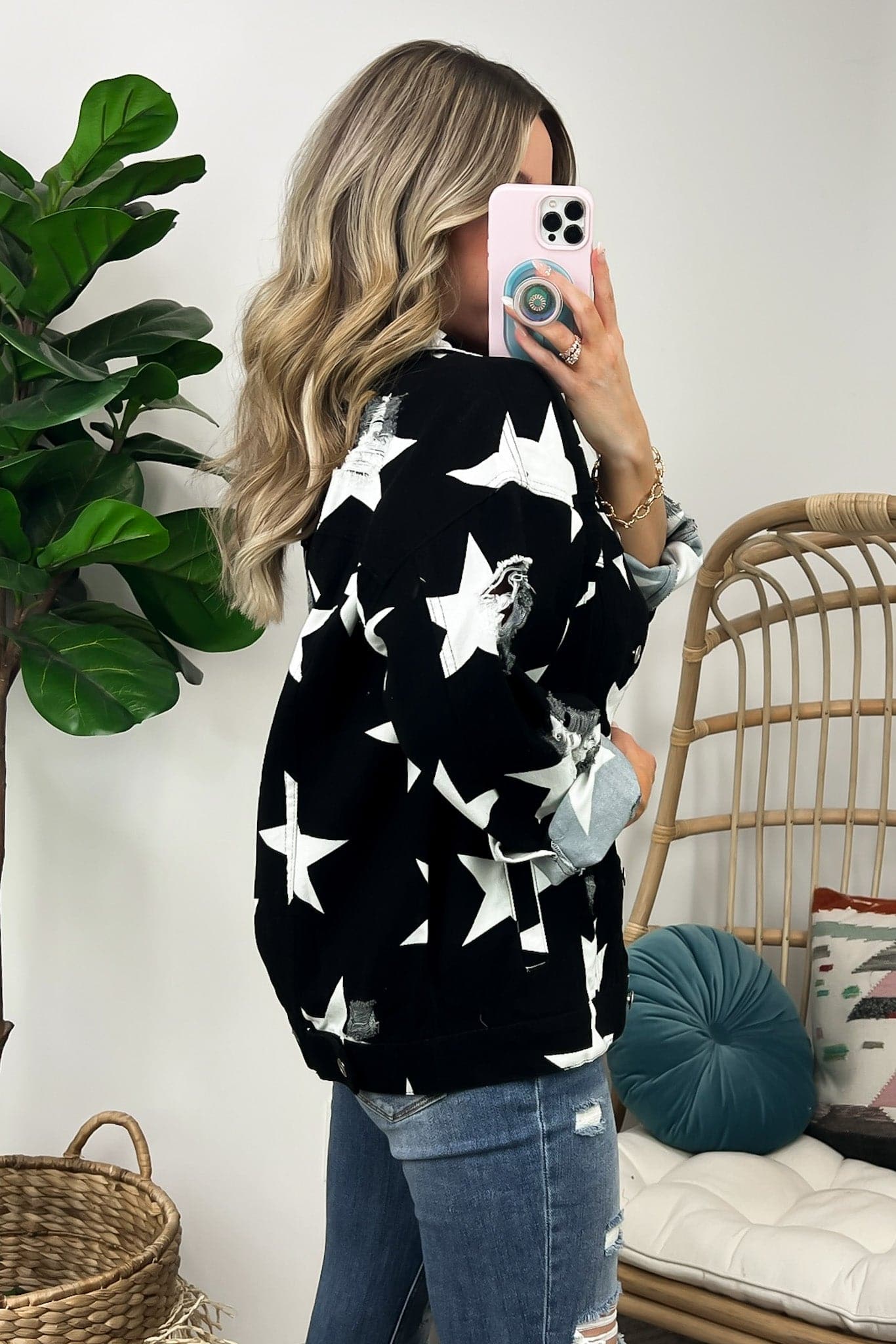  Twinkle Twinkle Star Print Distressed Denim Jacket - FINAL SALE - Madison and Mallory