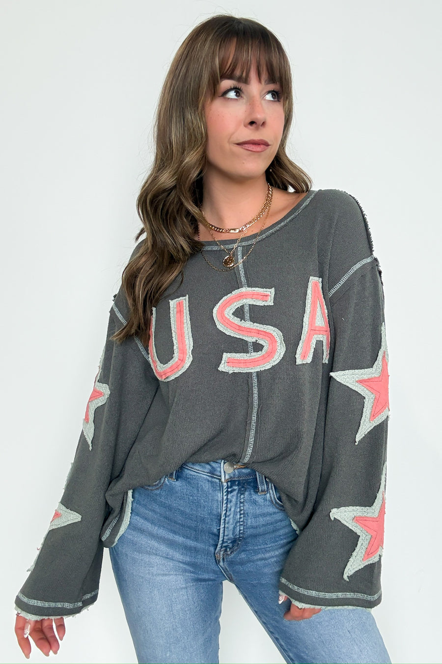 Charcoal / S USA Star Graphic Patch Pullover - Madison and Mallory