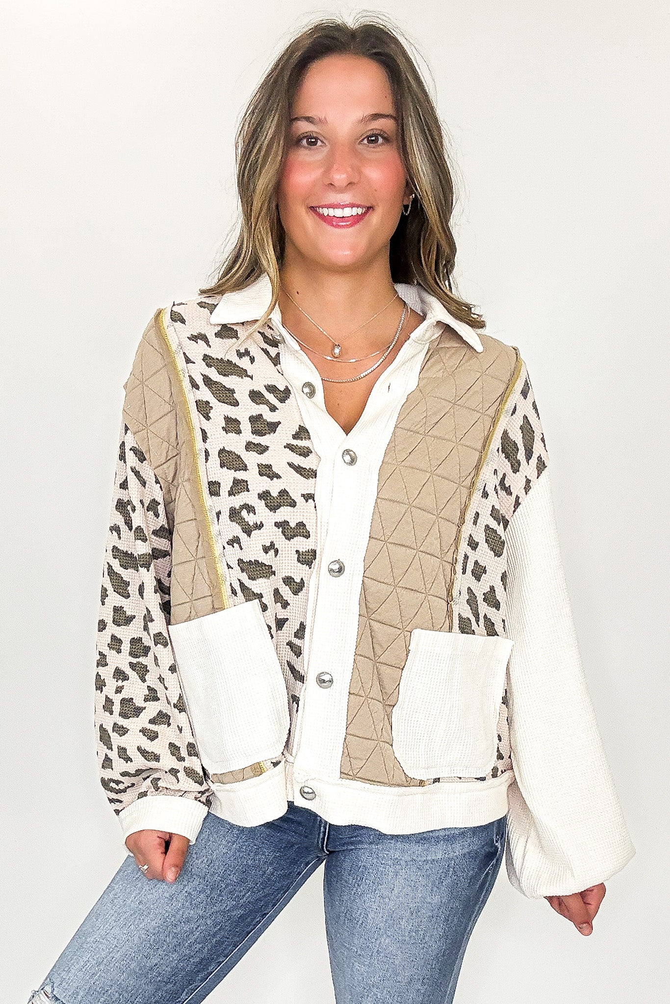 S / Cream/Multi Untamed Edge Animal Print Contrast Shacket - FINAL SALE - Madison and Mallory