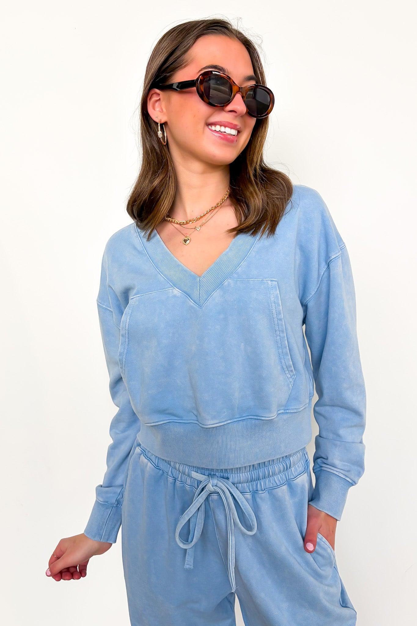 S / Washed Sky Blue Urban Ease Mineral Wash V-Neck Pullover - Madison and Mallory