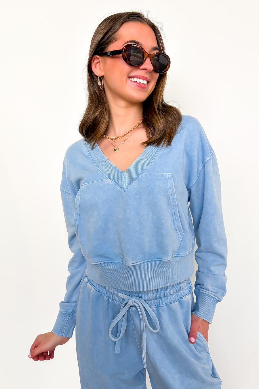 S / Washed Sky Blue Urban Ease Mineral Wash V-Neck Pullover - Madison and Mallory