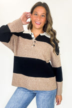 S / Khaki Varsity Lines Striped Collared Polo Top - FINAL SALE - Madison and Mallory