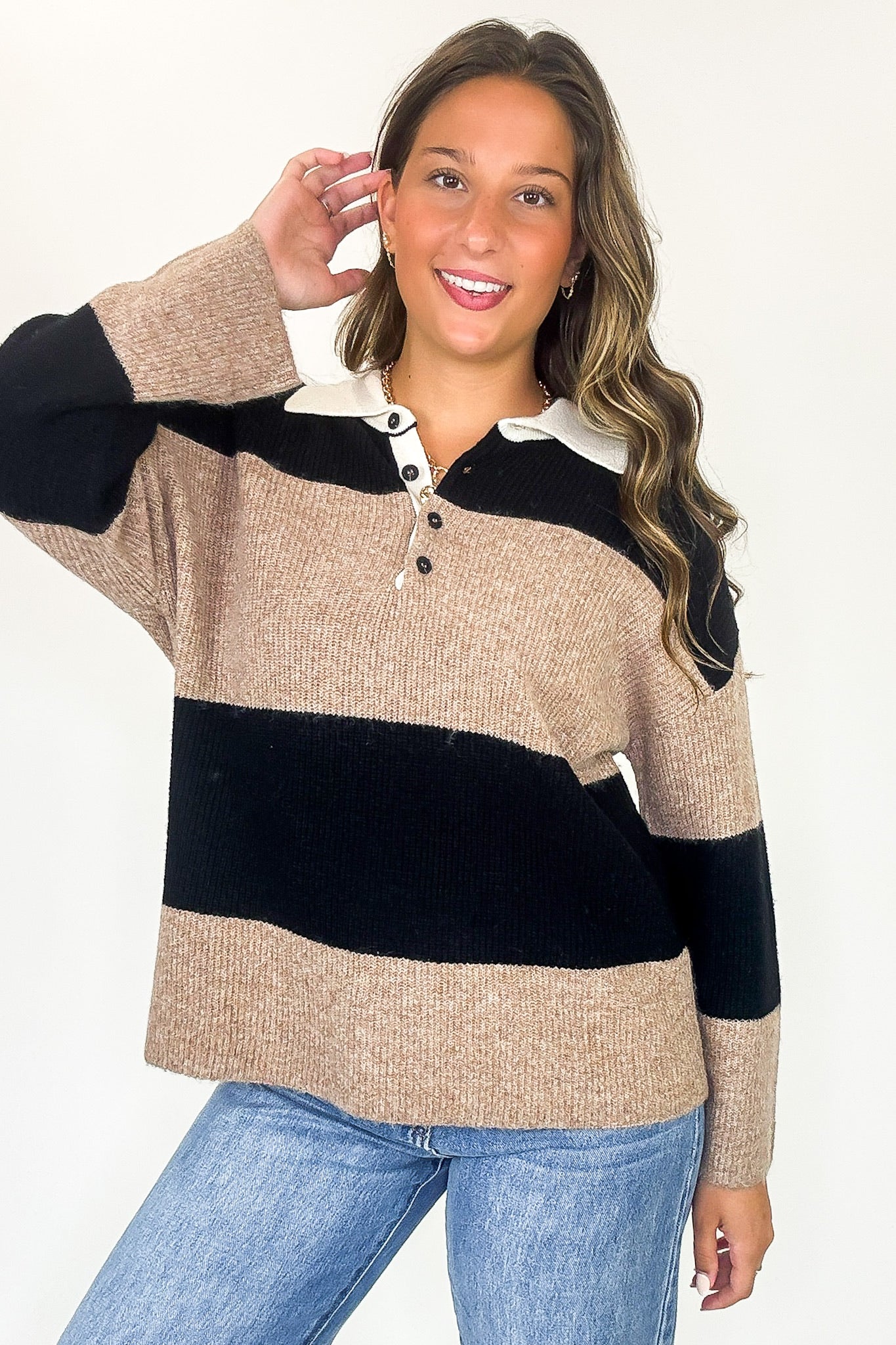 S / Khaki Varsity Lines Striped Collared Polo Top - FINAL SALE - Madison and Mallory