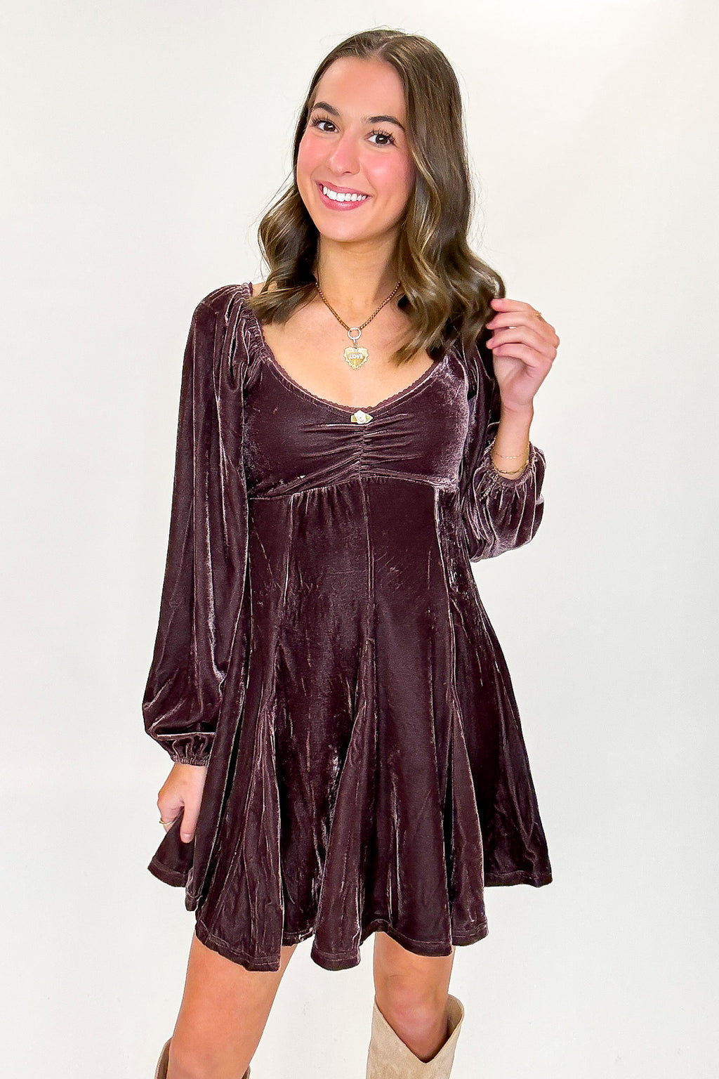 S / Mauve Brown Velour Bloom Flare Dress - FINAL SALE - Madison and Mallory
