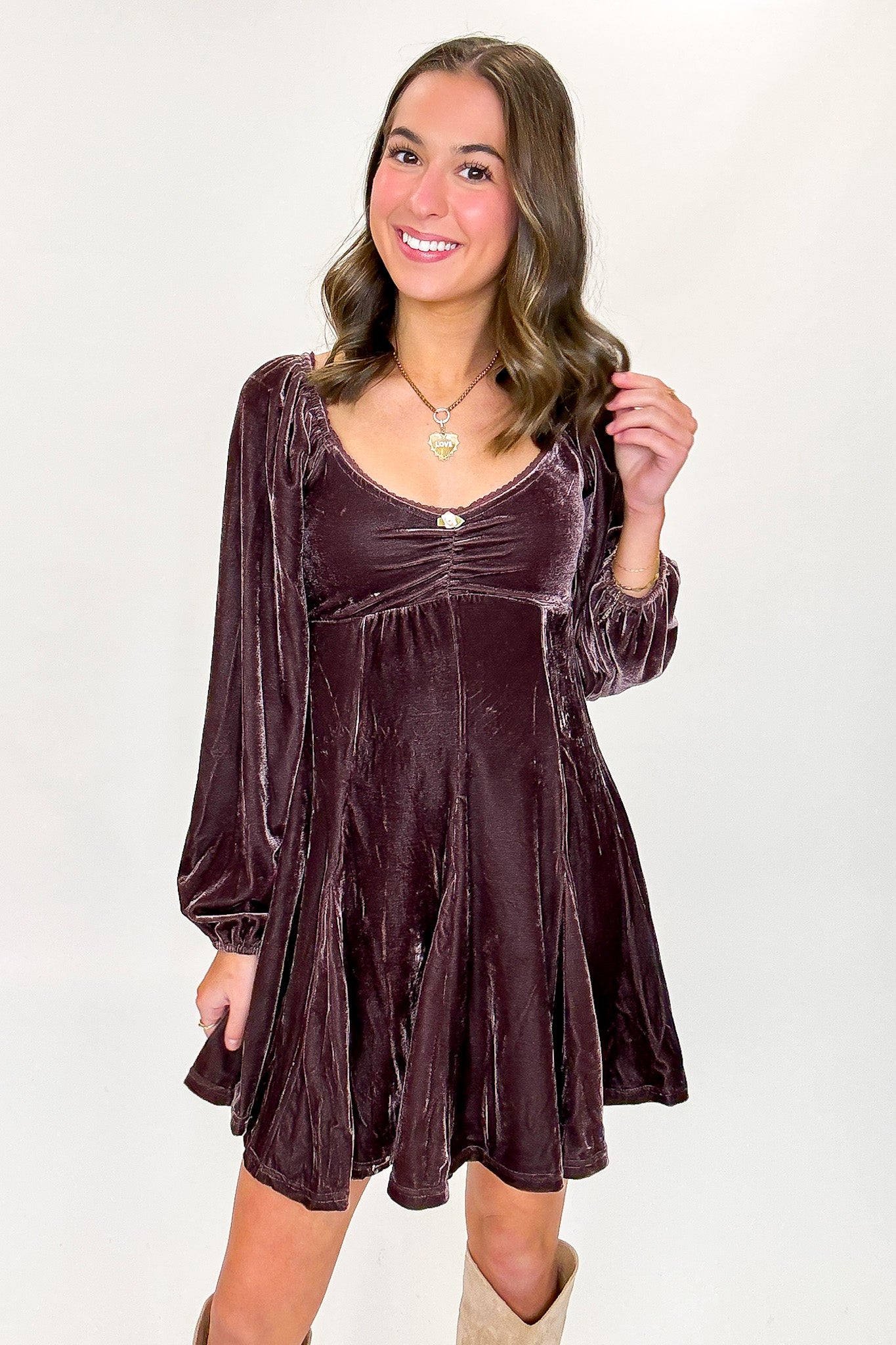 S / Mauve Brown Velour Bloom Flare Dress - Madison and Mallory