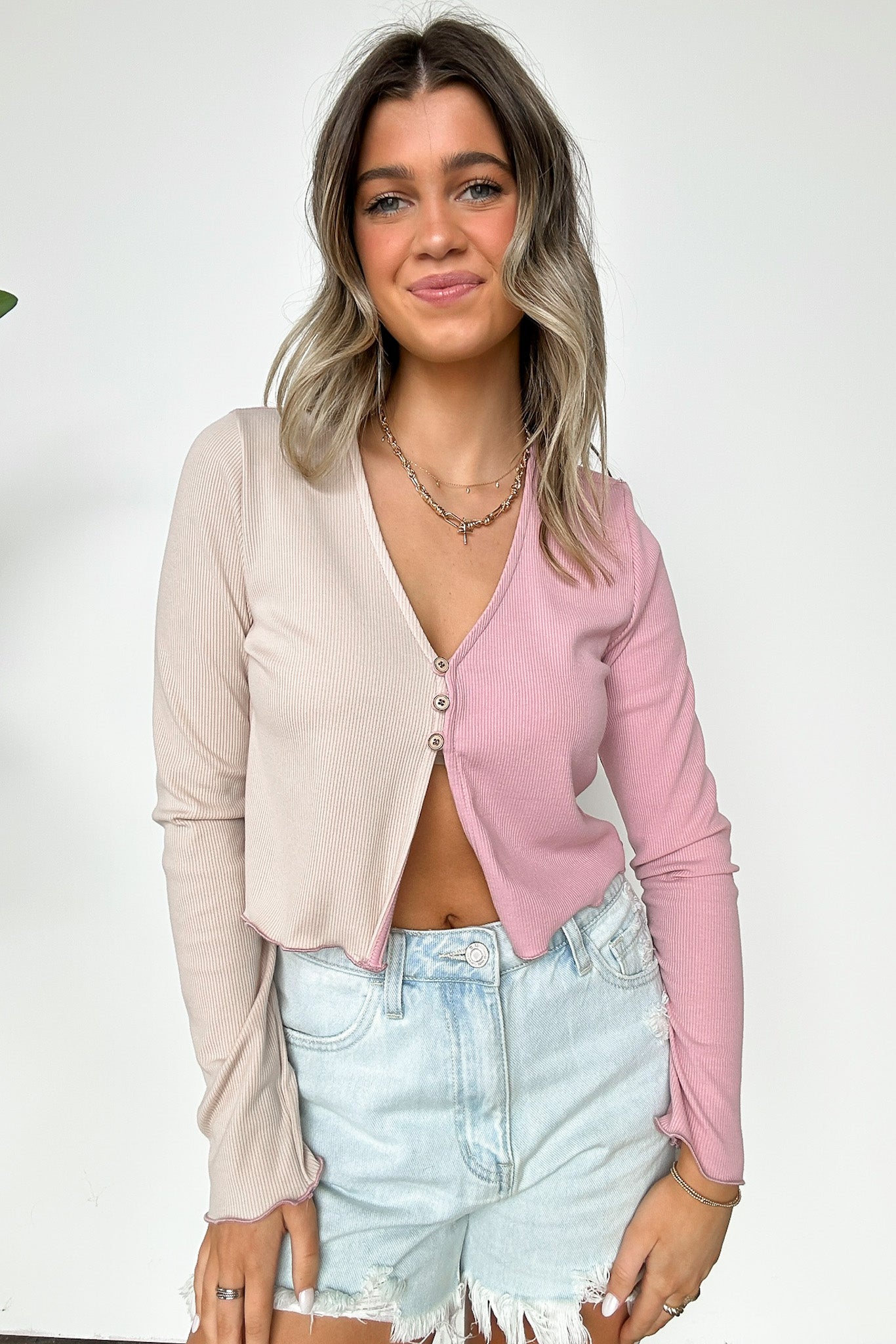 Pink / S Verenna Color Block Button Cardigan - Madison and Mallory