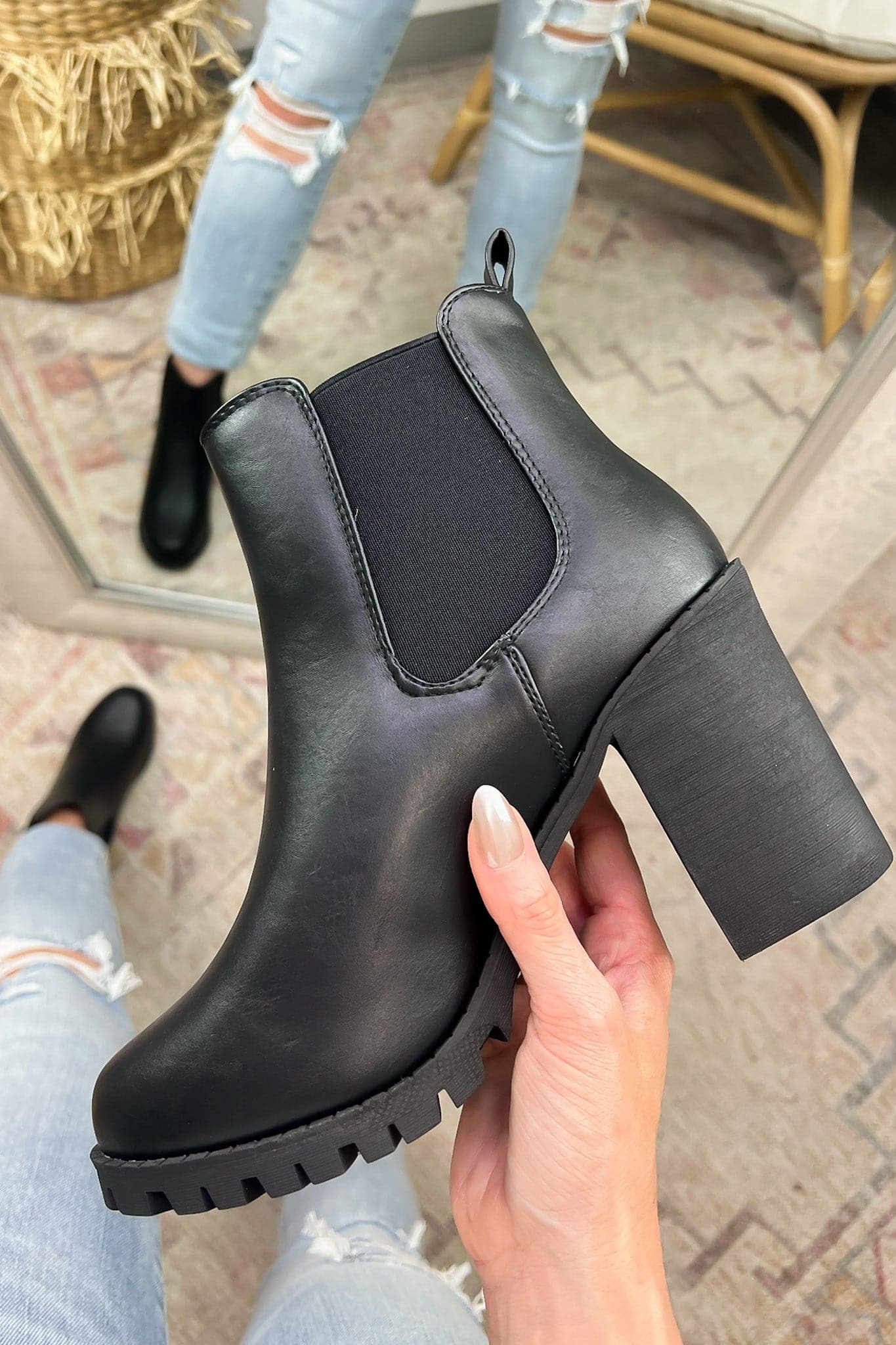 Black thick heel clearance booties