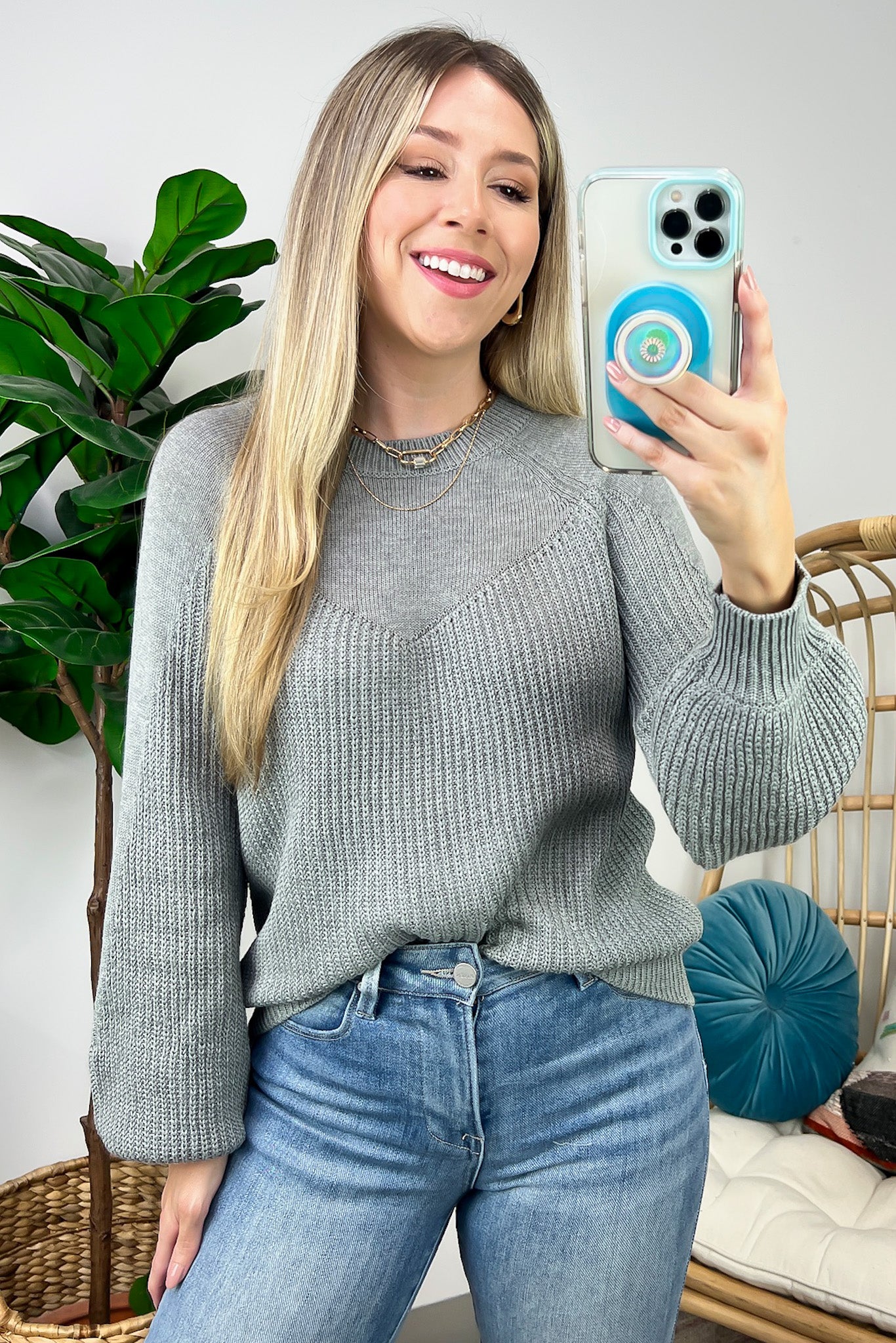 Gray / S Vesper Balloon Sleeve Knit Sweater - Madison and Mallory