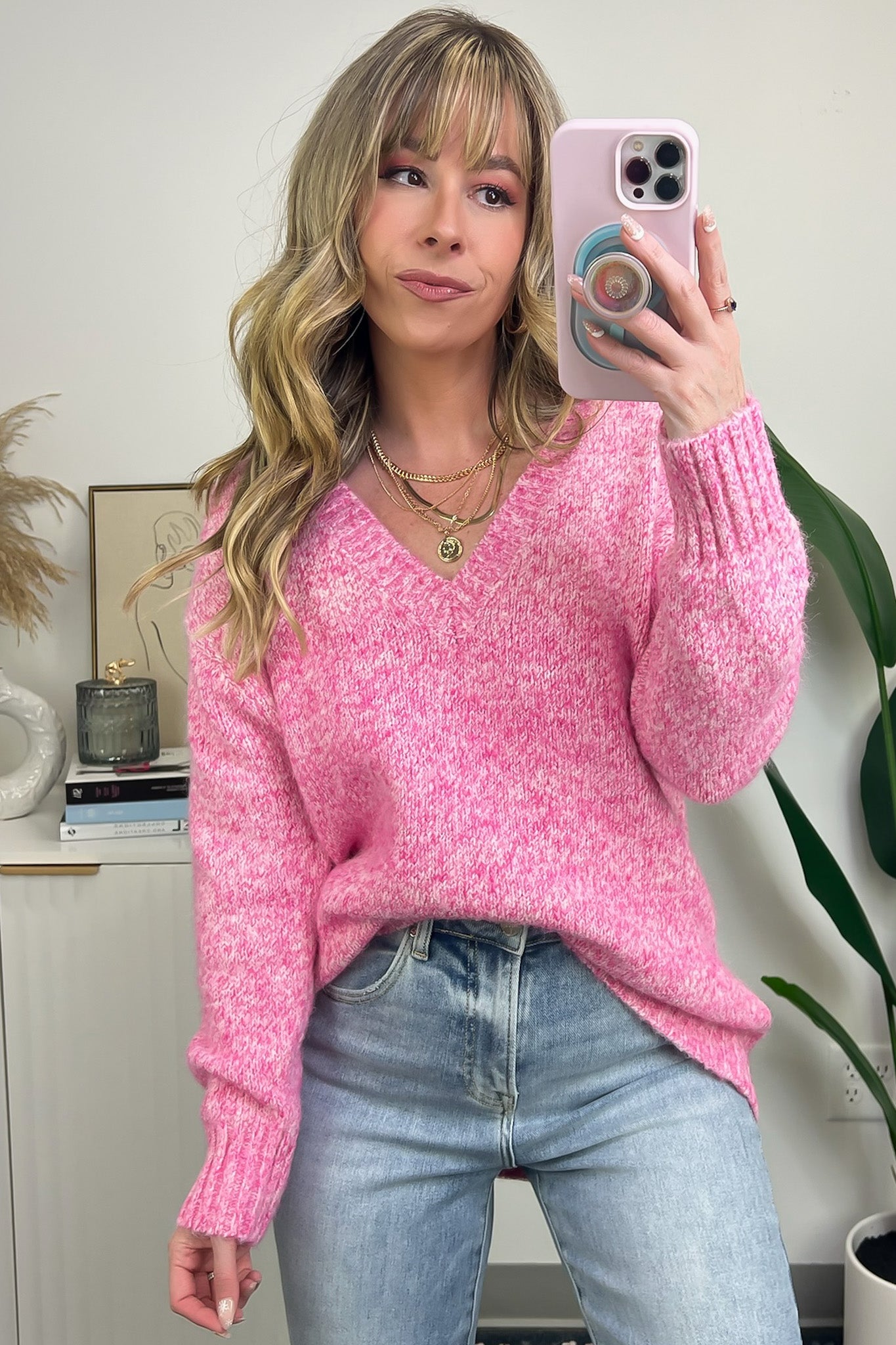 Pink / S Vetta Soft Knit V-Neck Sweater - FINAL SALE - Madison and Mallory