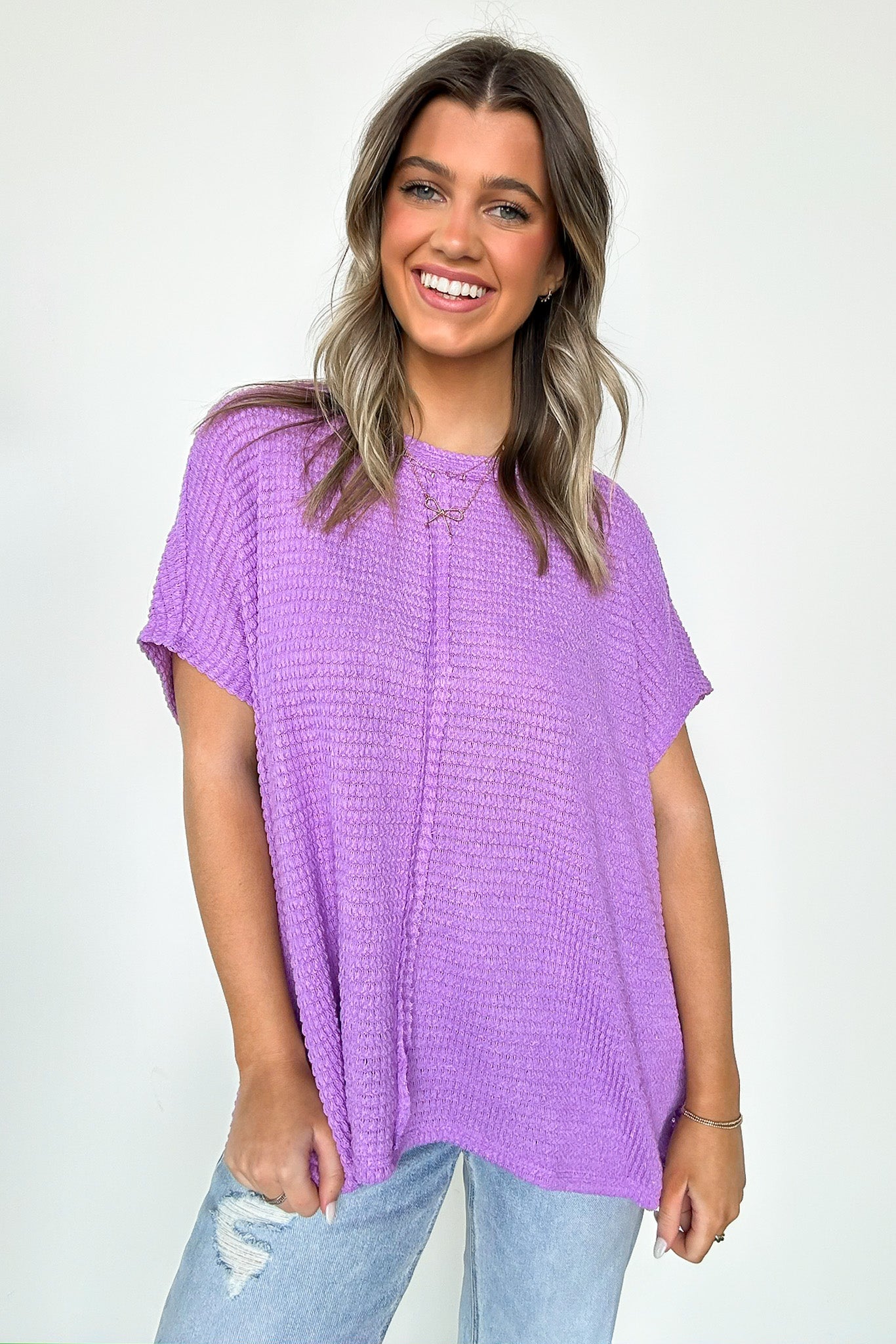 Bright Lavender / SM Viana Jacquard Open Knit Dolman Top - BACK IN STOCK - Madison and Mallory