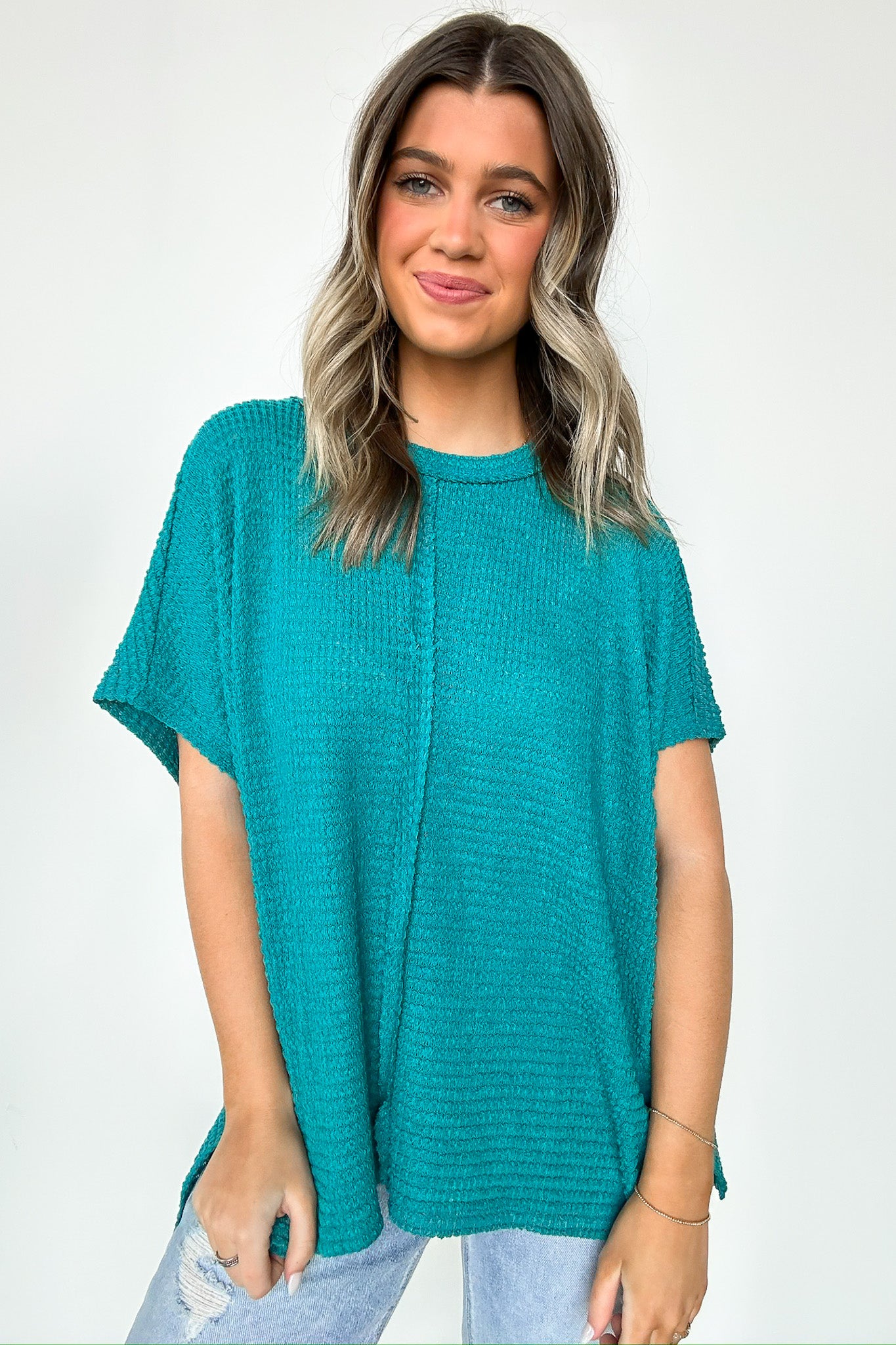 Light Teal / SM Viana Jacquard Open Knit Dolman Top - BACK IN STOCK - Madison and Mallory