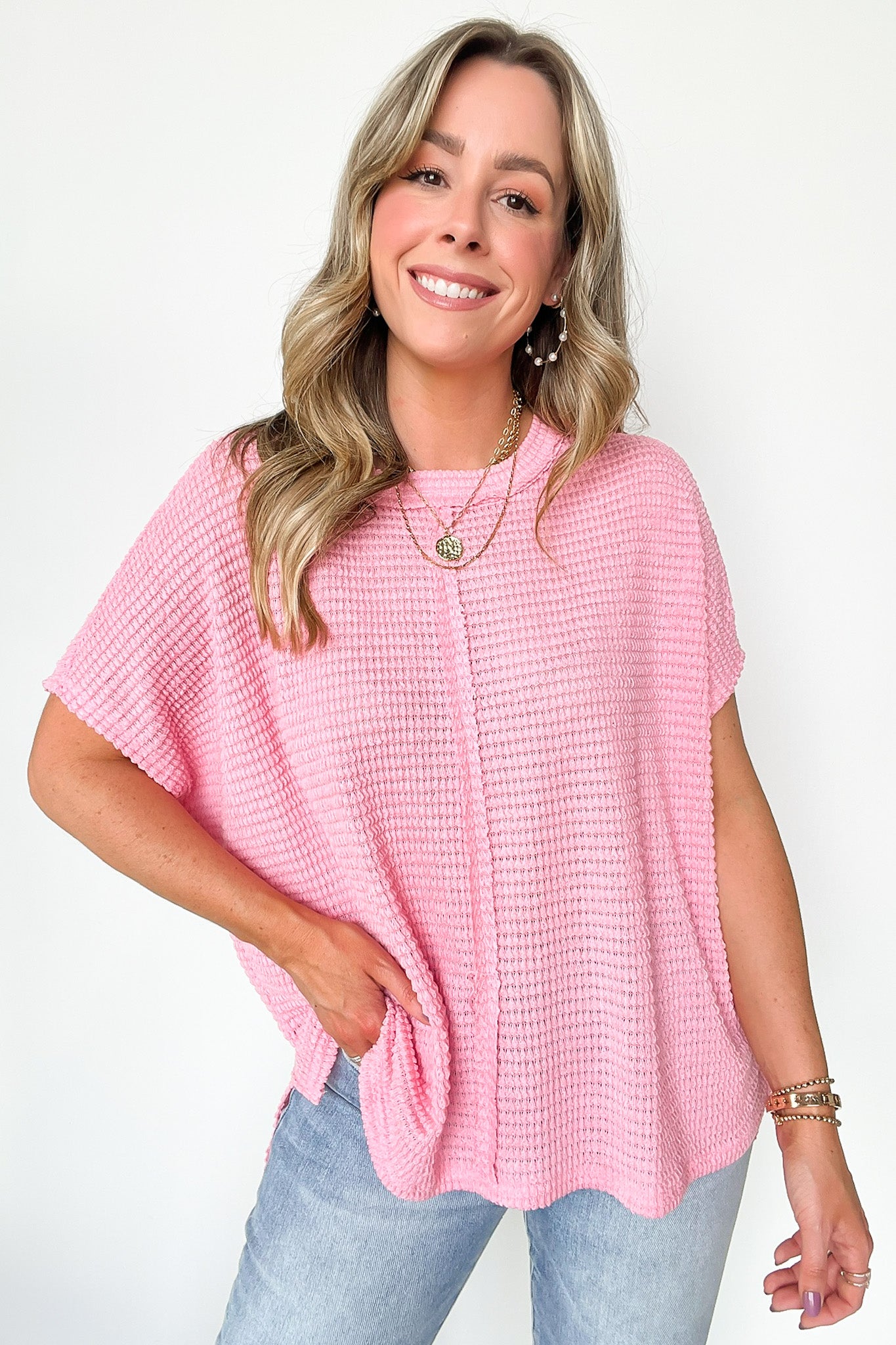 Dark Pink / SM Viana Jacquard Open Knit Dolman Top - BACK IN STOCK - Madison and Mallory