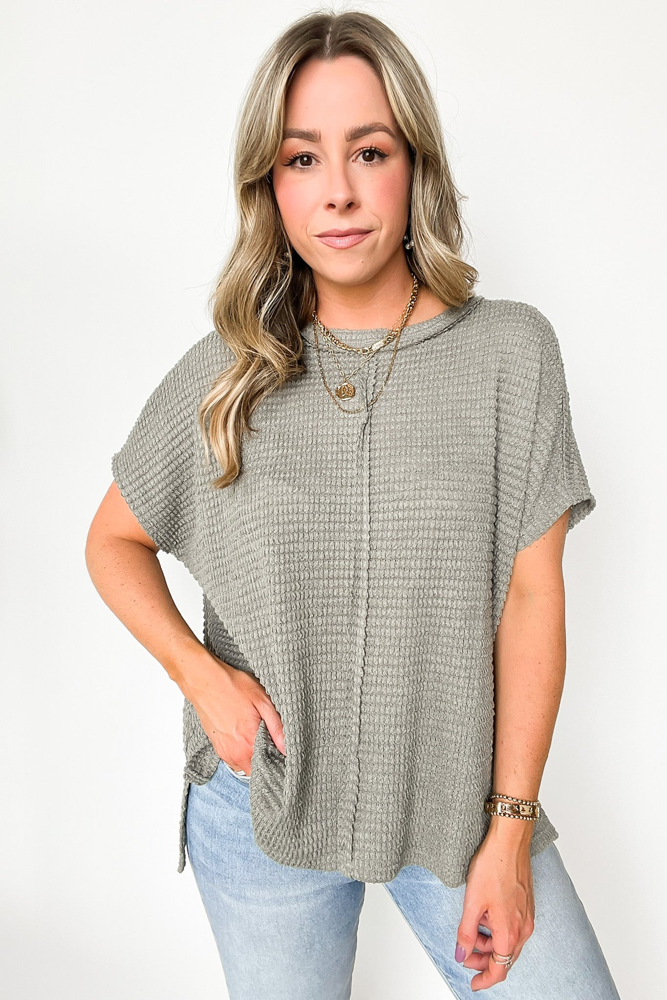 Light Olive / SM Viana Jacquard Open Knit Dolman Top - BACK IN STOCK - Madison and Mallory