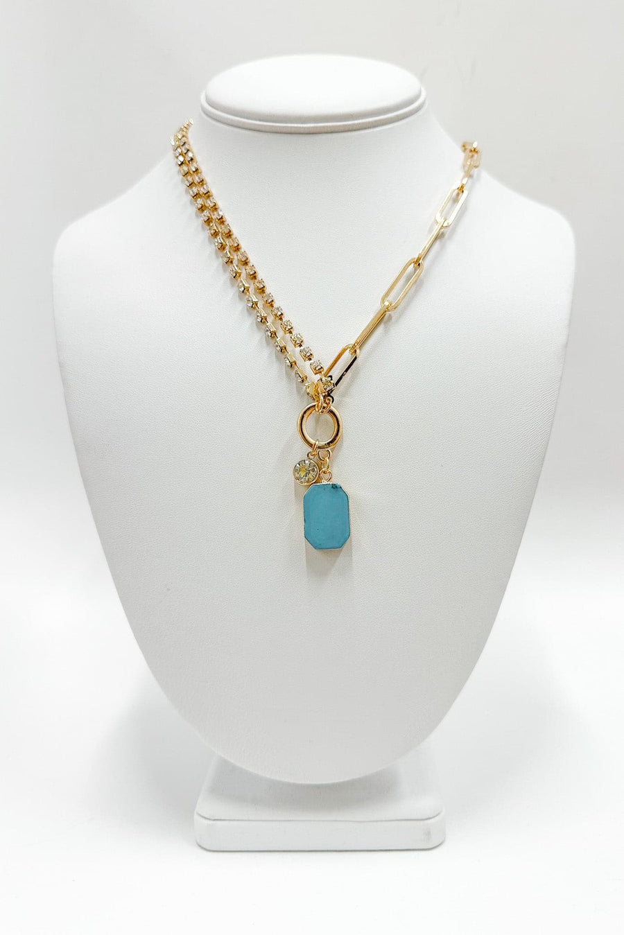 Gold Vibrant Moment Turquoise and Rhinestone Chain Necklace - BACK IN STOCK - Madison and Mallory