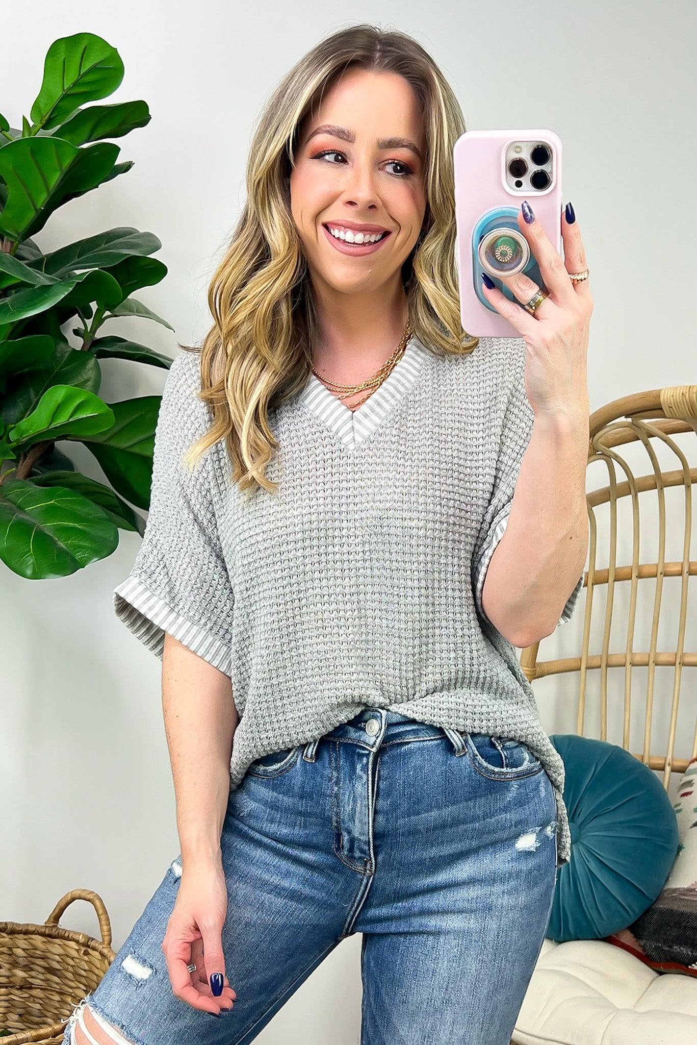 Gray / S Vinita Oversize V-Neck Waffle Knit Top - Madison and Mallory