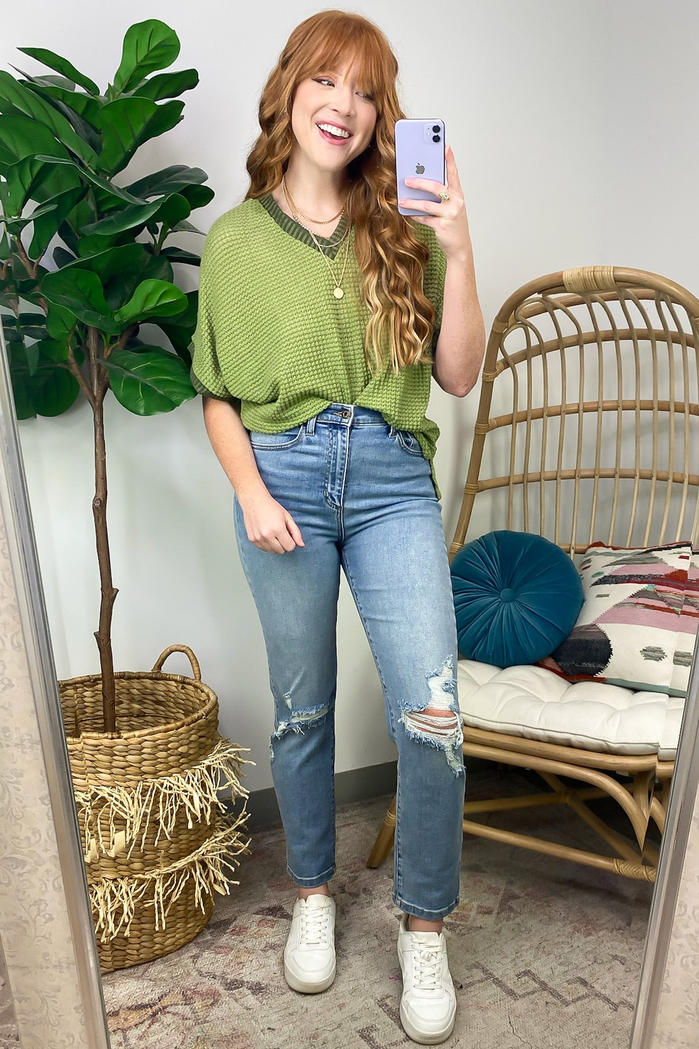  Vinita Oversize V-Neck Waffle Knit Top - Madison and Mallory