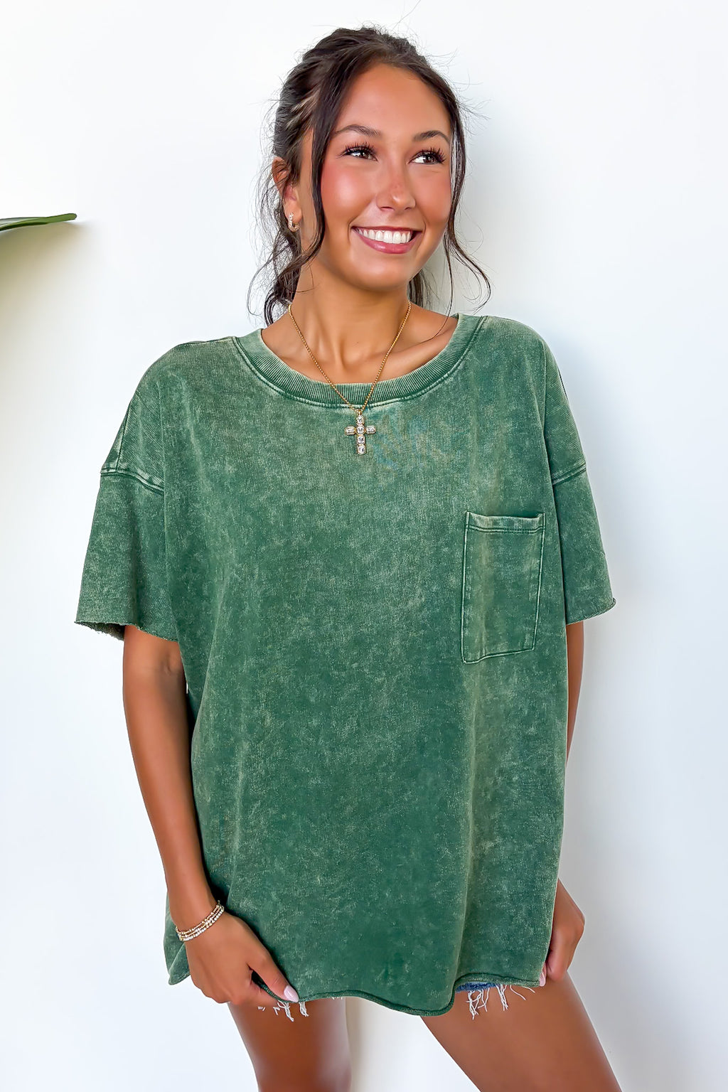 Dark Green / SM Vintage Edge Washed Drop Shoulder Top - Madison and Mallory