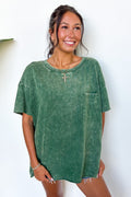 Dark Green / SM Vintage Edge Washed Drop Shoulder Top - Madison and Mallory