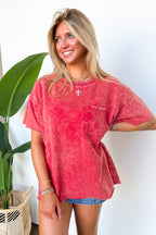 Dark Red / SM Vintage Edge Washed Drop Shoulder Top - Madison and Mallory