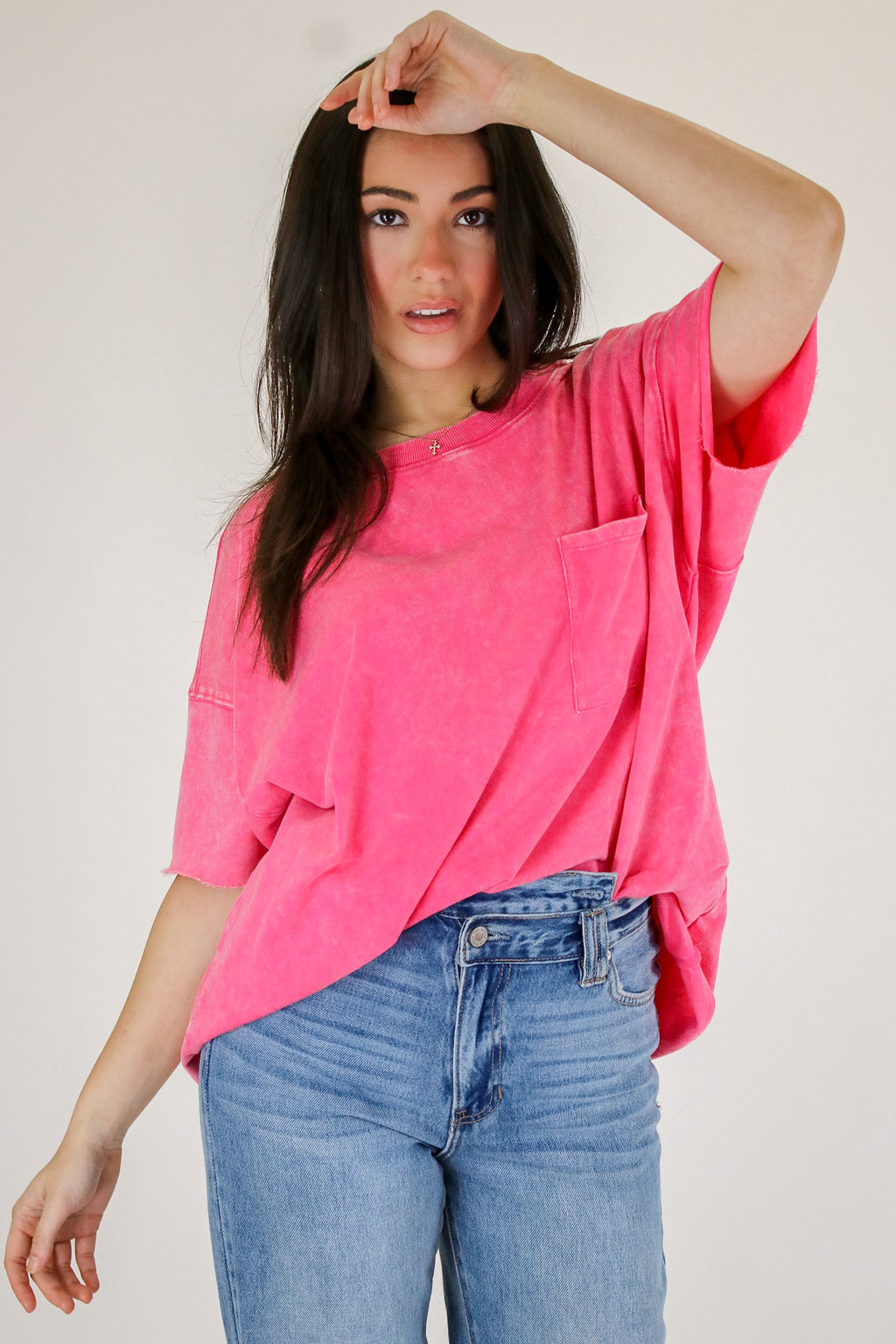 Fuchsia / SM Vintage Edge Washed Drop Shoulder Top - Madison and Mallory