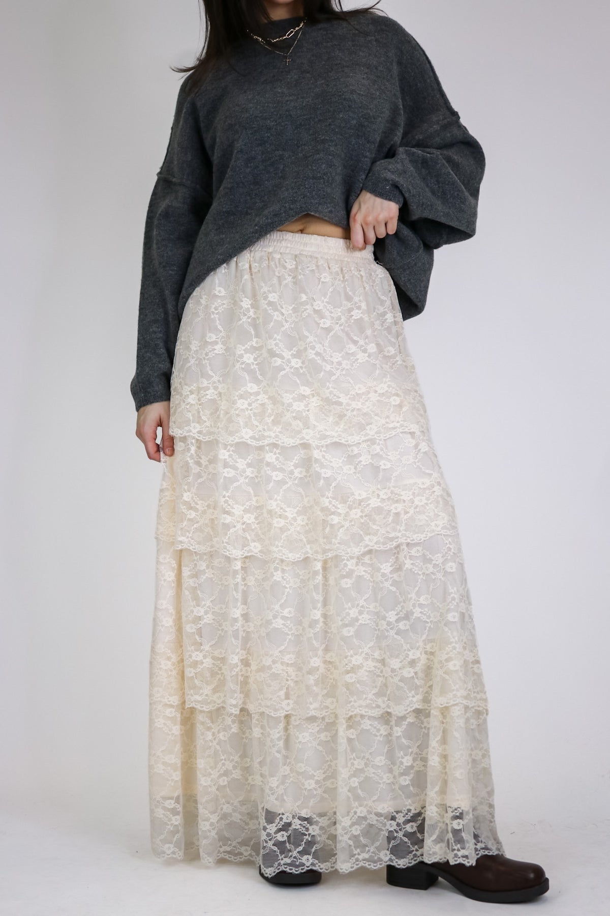 Vintage Veil Tiered Lace Maxi Skirt