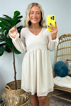 Sand Beige / S Vision of Charm Swiss Dot V-Neck Dress - FINAL SALE - Madison and Mallory