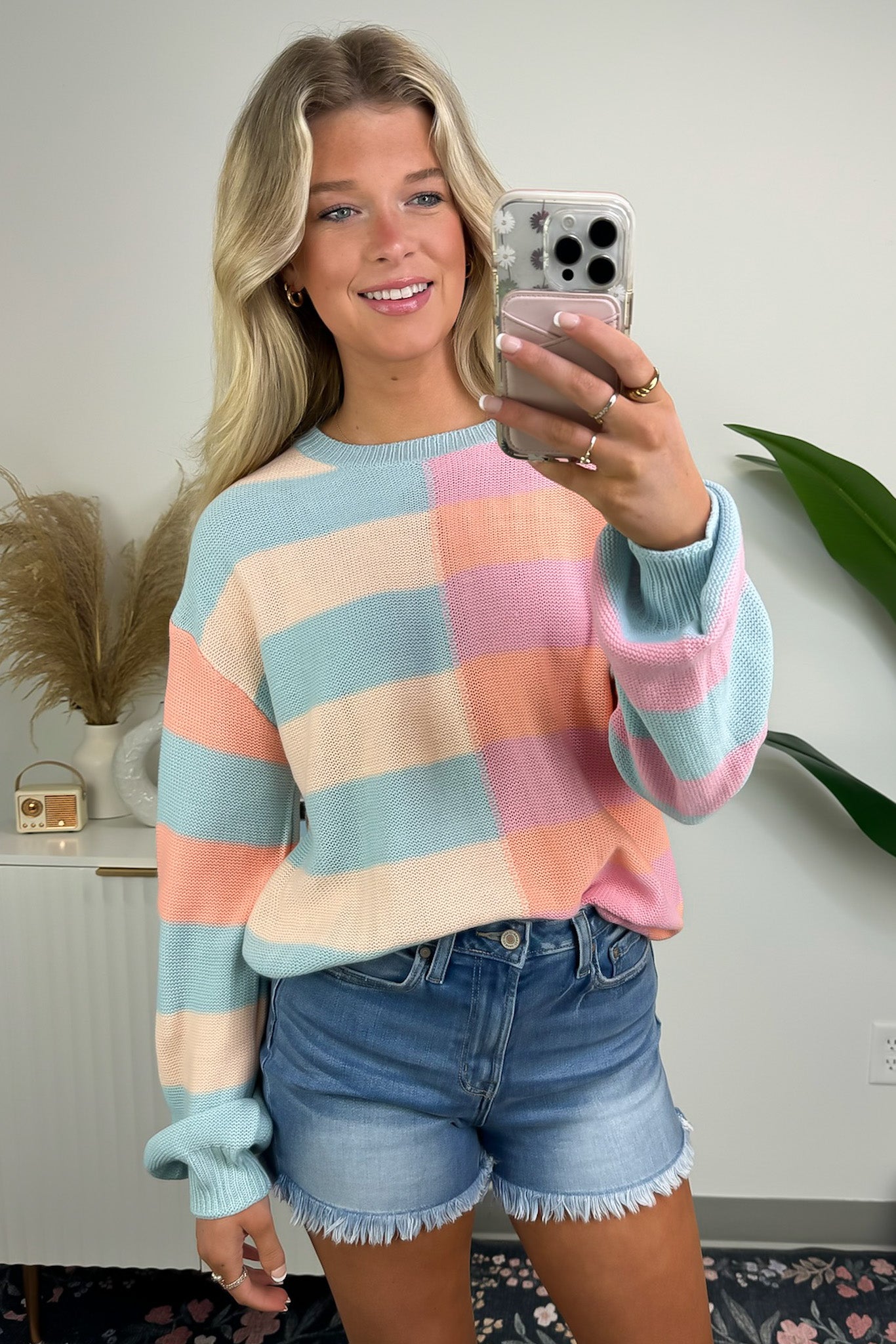 S / Pink/Sky Vital Style Color Block Striped Sweater - Madison and Mallory