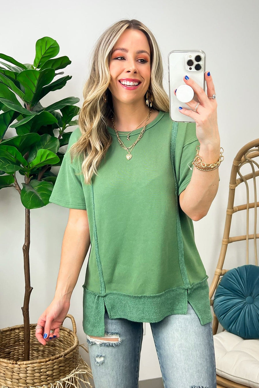 Olive / S Vitoria Exposed Seam Relaxed Fit Top - FINAL SALE - Madison and Mallory