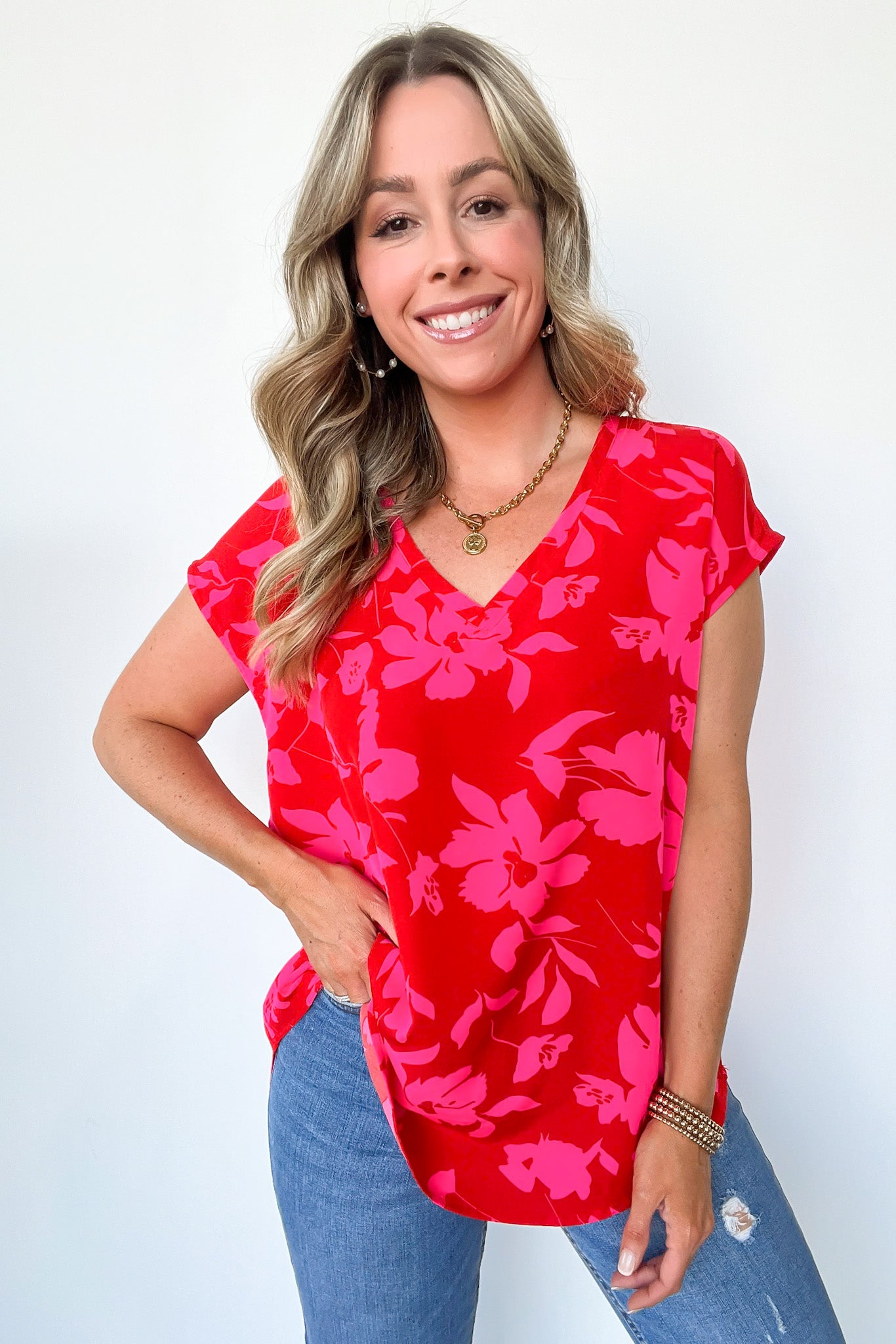  Vivid Beauty V-Neck Floral Cap Sleeve Top - Madison and Mallory